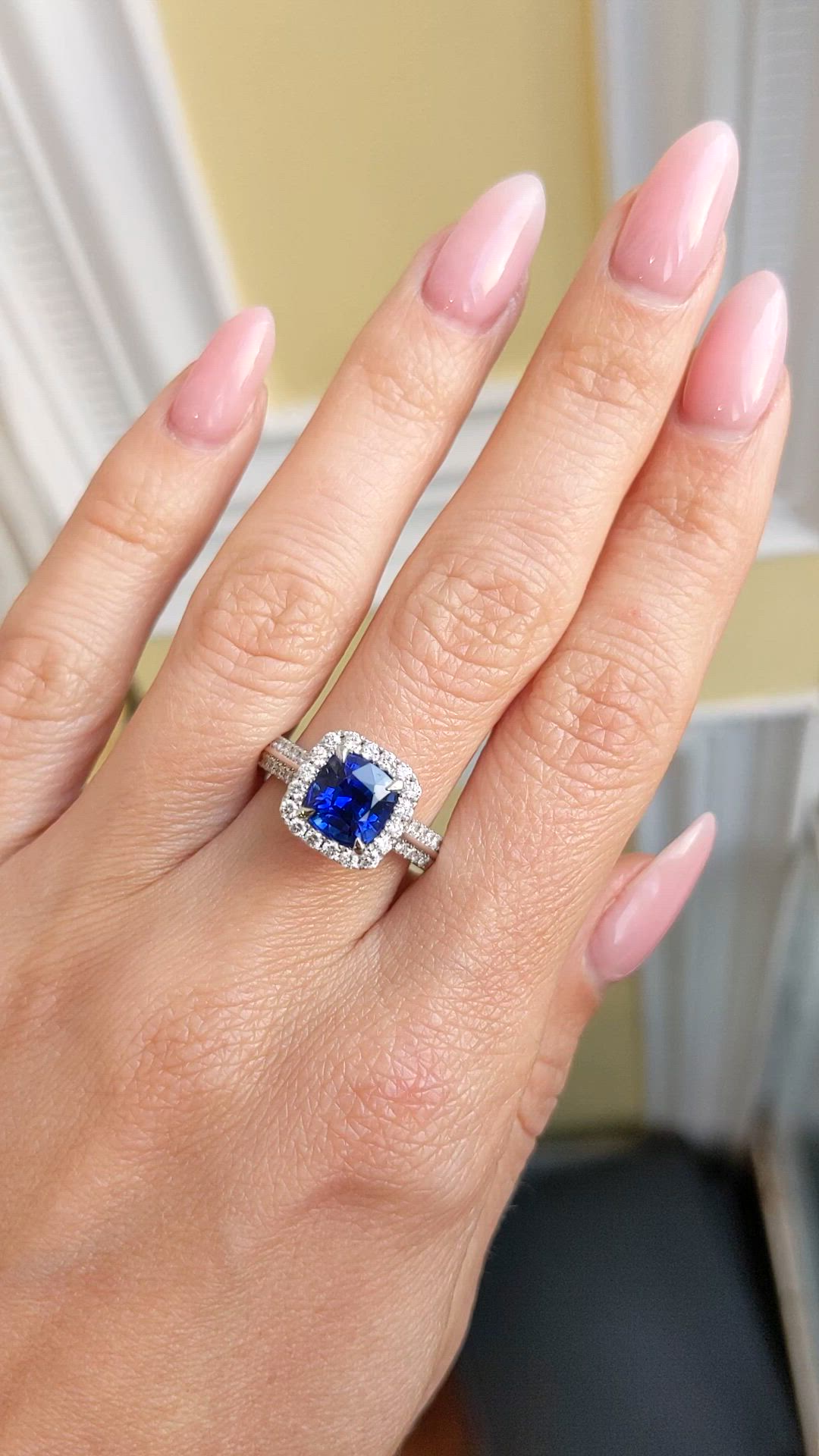 2.74 Ct. Blue Sapphire and Natural Diamond Pave Ring, 18K White Gold Size Video
