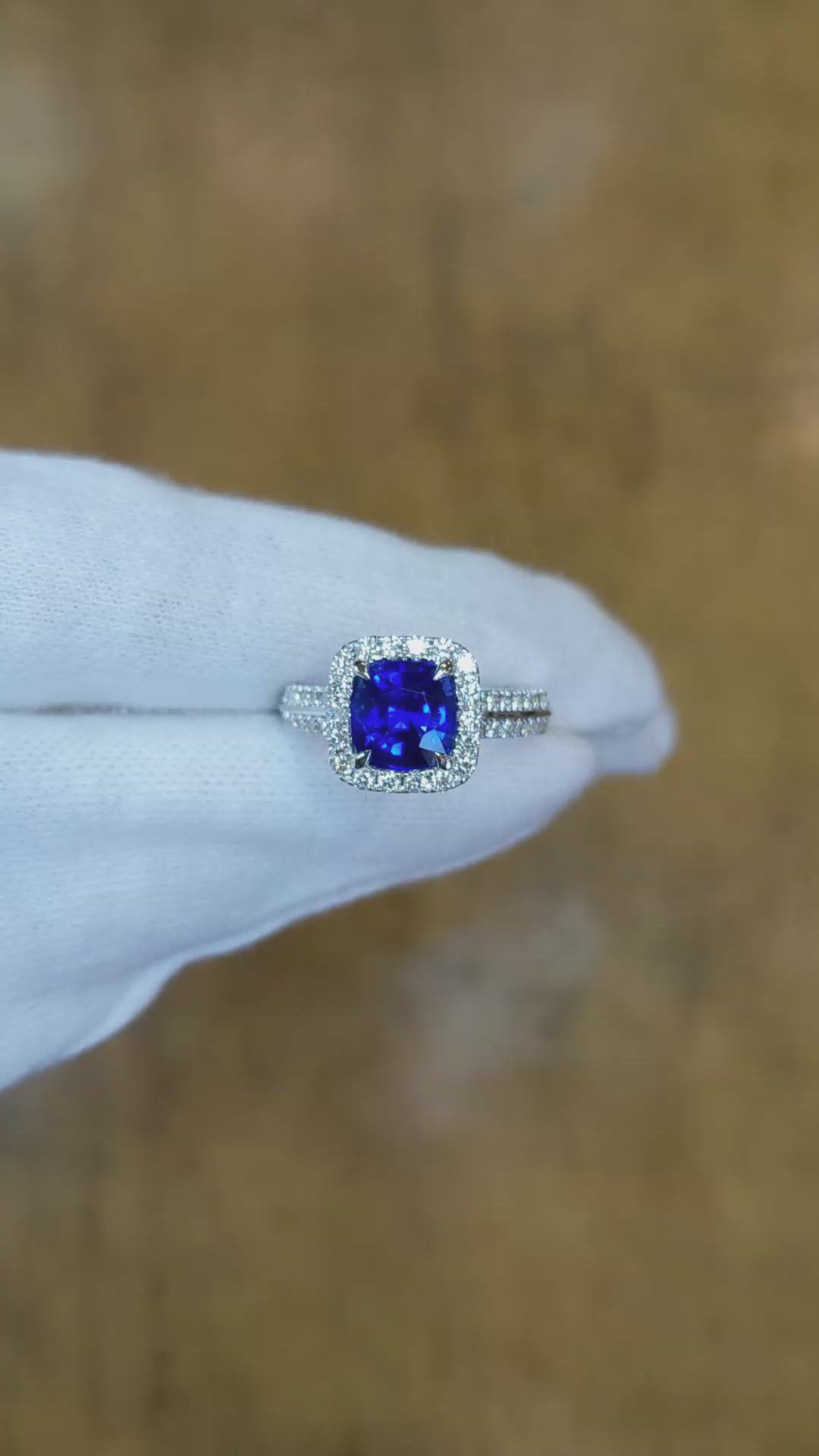 2.74 Ct. Blue Sapphire and Natural Diamond Pave Ring, 18K White Gold Size Video