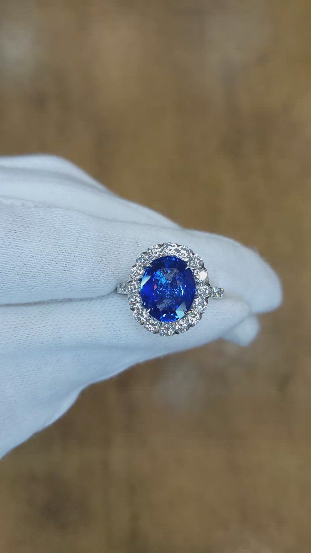 4.54 Ct. Blue Sapphire and Natural Diamond Pave Ring, 18K White Gold Size Video
