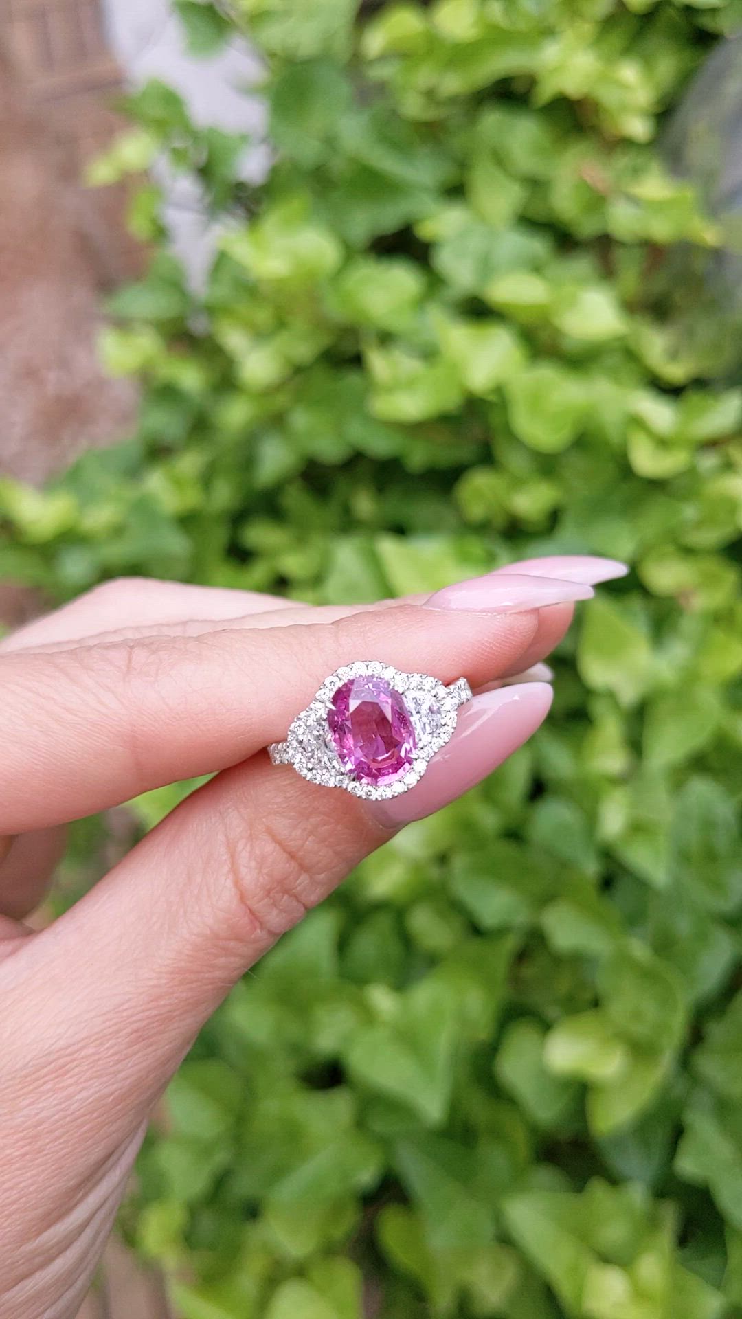 2.60 Ct. Pink Sapphire and Natural Diamond Three Stone Ring, 18K White Gold Size Video