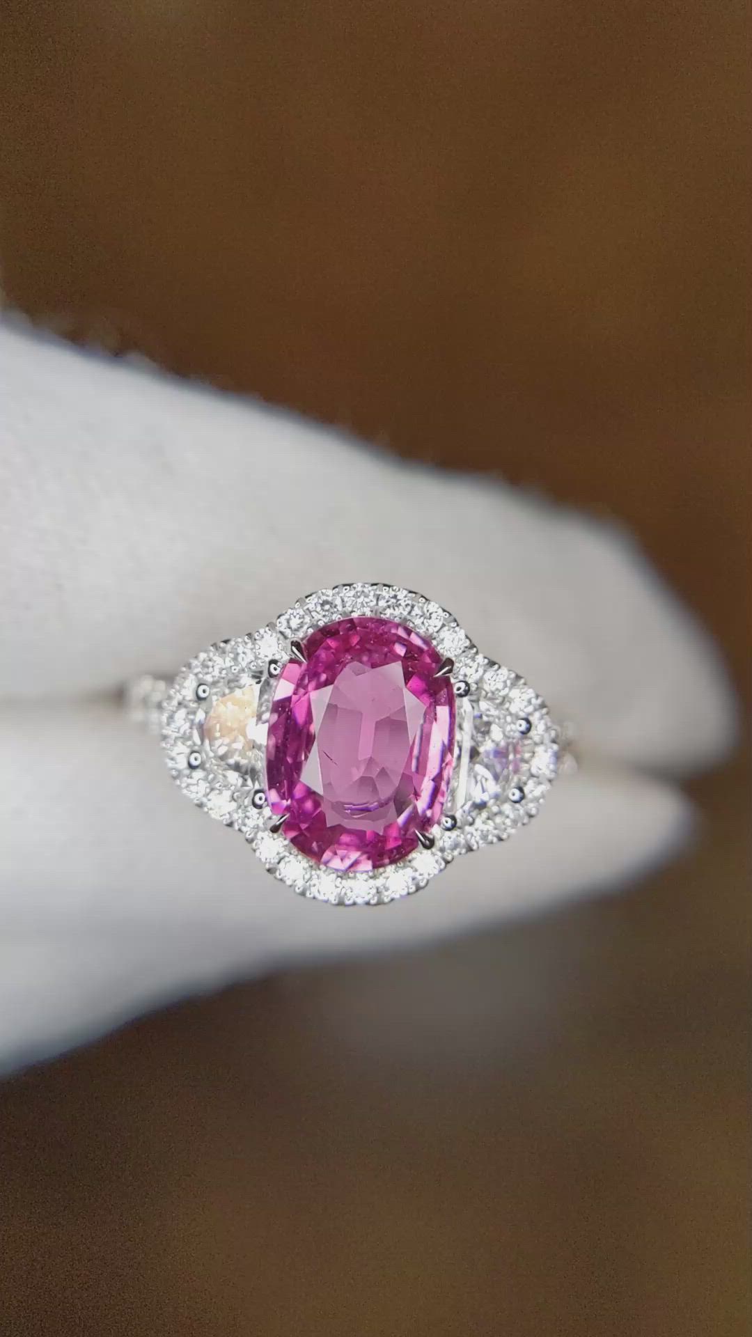 2.60 Ct. Pink Sapphire and Natural Diamond Three Stone Ring, 18K White Gold Size Video