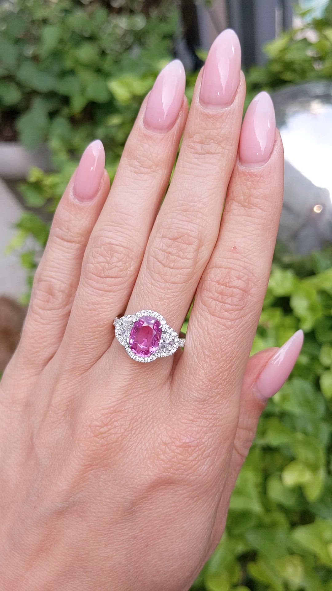 2.60 Ct. Pink Sapphire and Natural Diamond Three Stone Ring, 18K White Gold Size Video