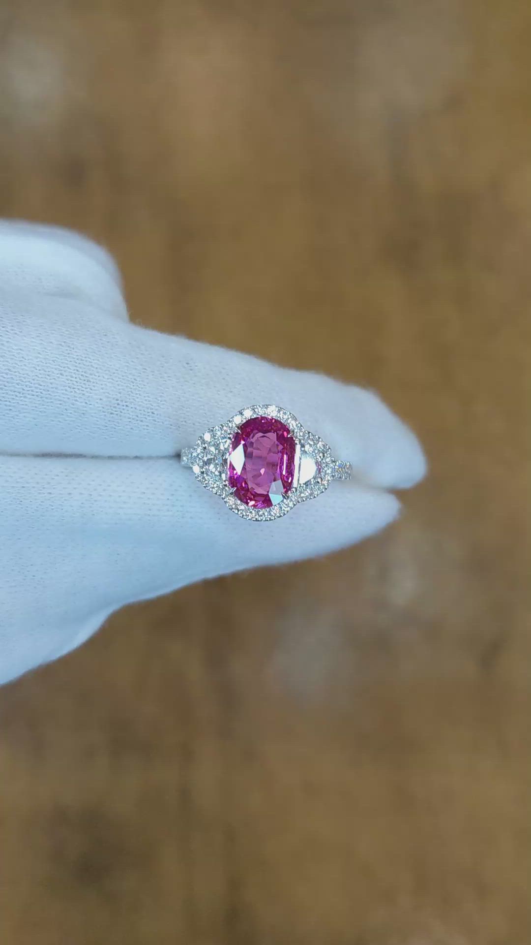 2.60 Ct. Pink Sapphire and Natural Diamond Three Stone Ring, 18K White Gold Size Video