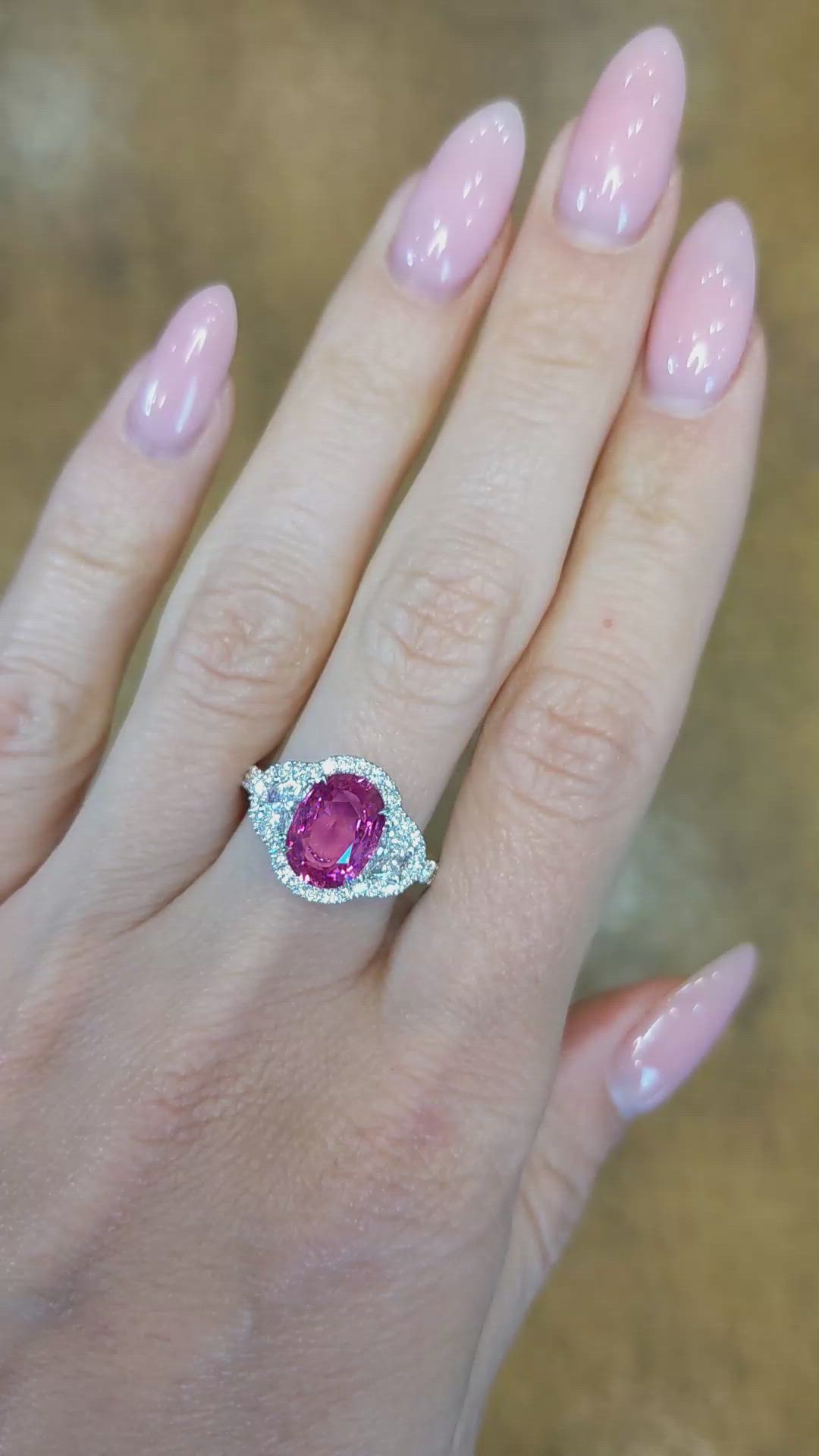 2.60 Ct. Pink Sapphire and Natural Diamond Three Stone Ring, 18K White Gold Size Video