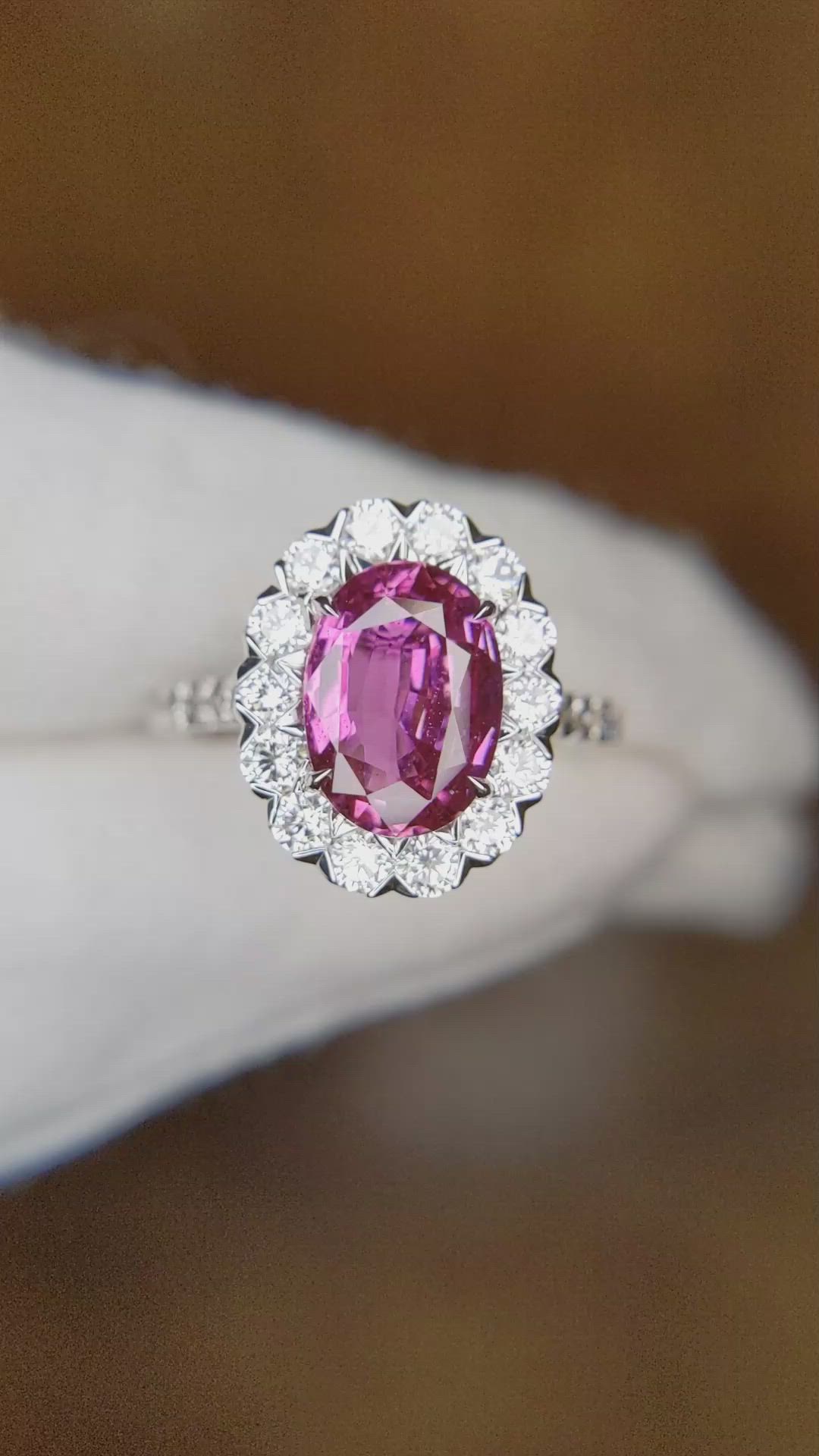 3.07 Ct. Pink Sapphire and Natural Diamond Pave Ring, 18K White Gold Size Video
