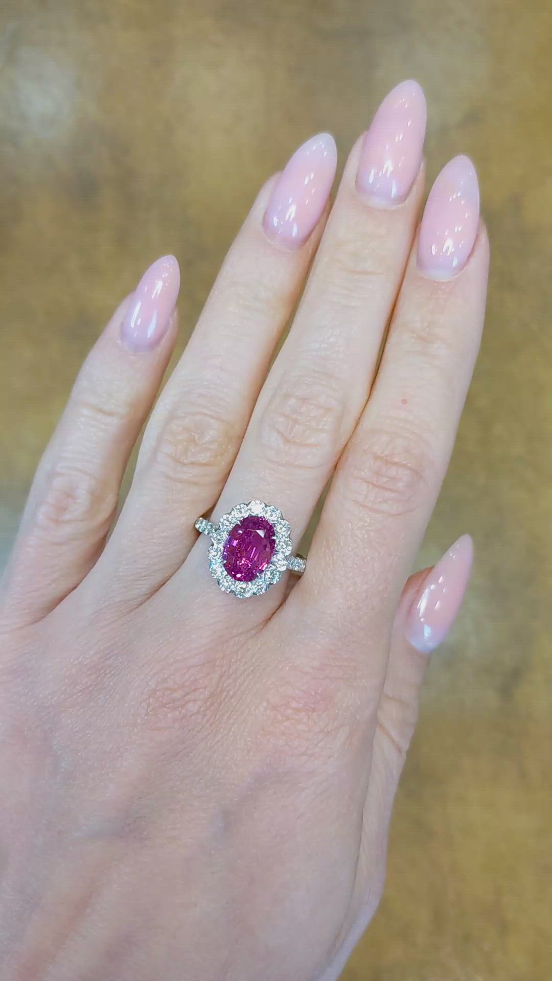 3.07 Ct. Pink Sapphire and Natural Diamond Pave Ring, 18K White Gold Size Video