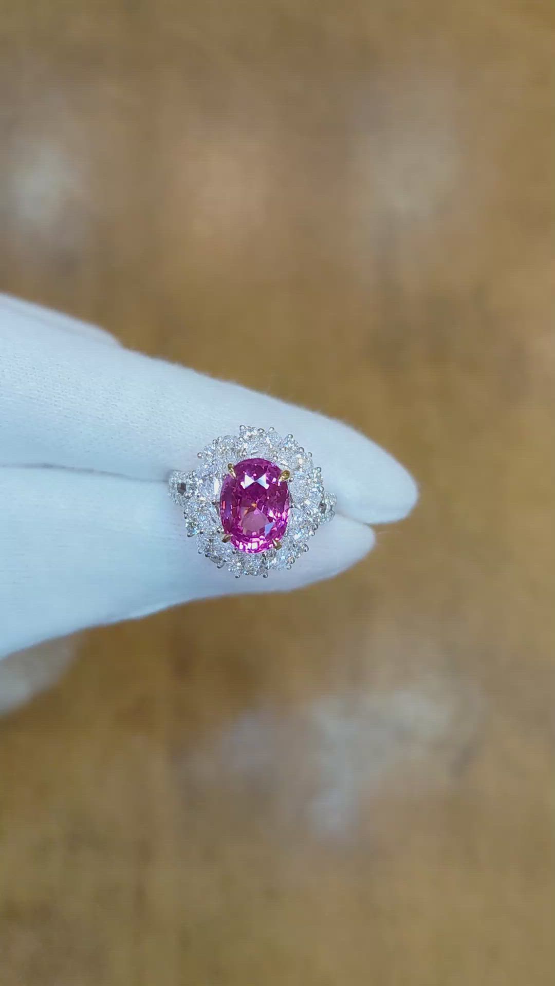 4.05 Ct. Purplish Pink Sapphire and Natural Diamond Pave Ring, 18K White & Yellow Size Video