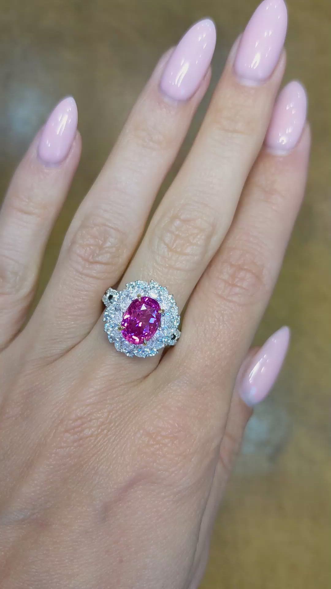 4.05 Ct. Purplish Pink Sapphire and Natural Diamond Pave Ring, 18K White & Yellow Size Video