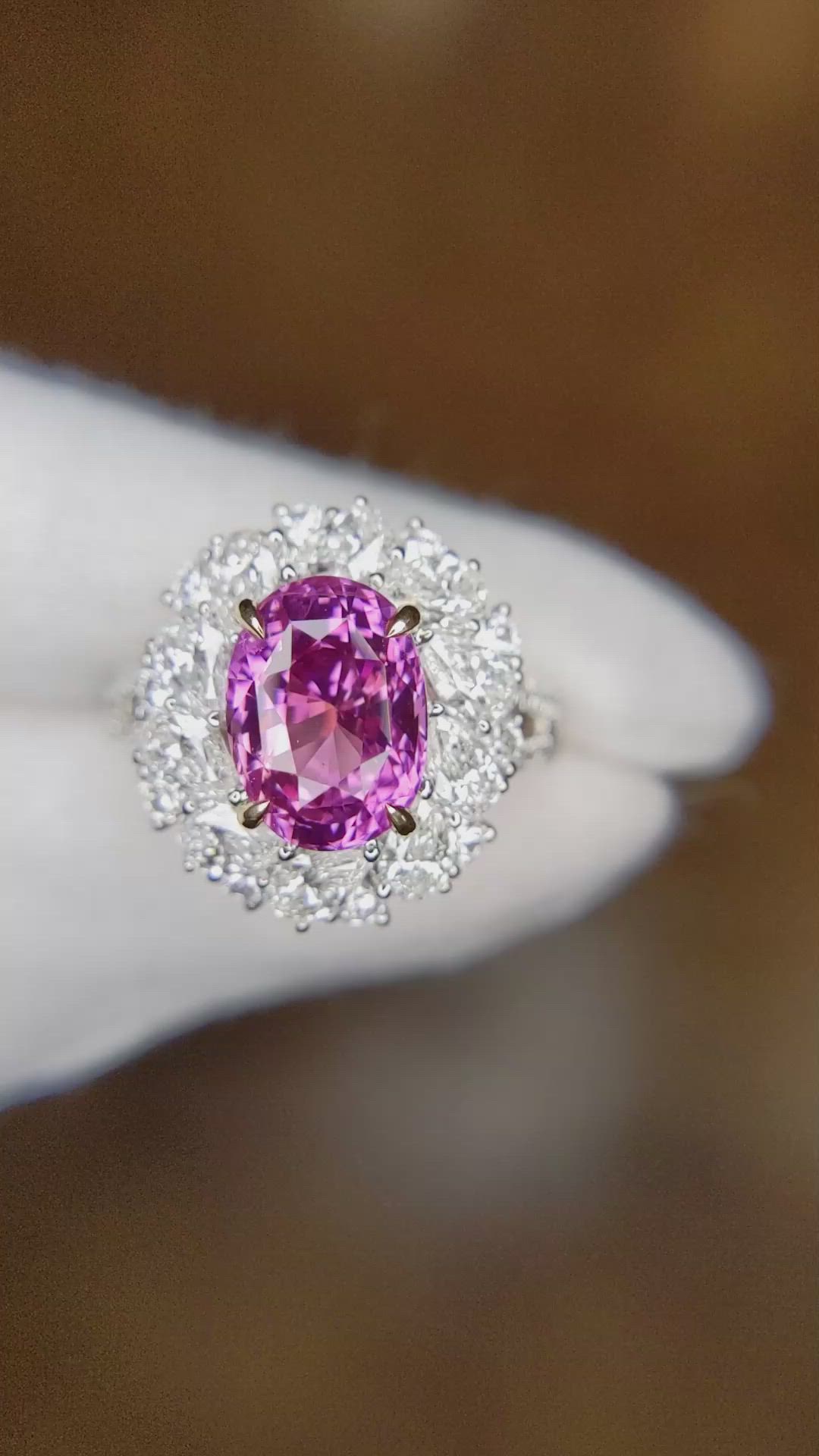 4.05 Ct. Purplish Pink Sapphire and Natural Diamond Pave Ring, 18K White & Yellow Size Video
