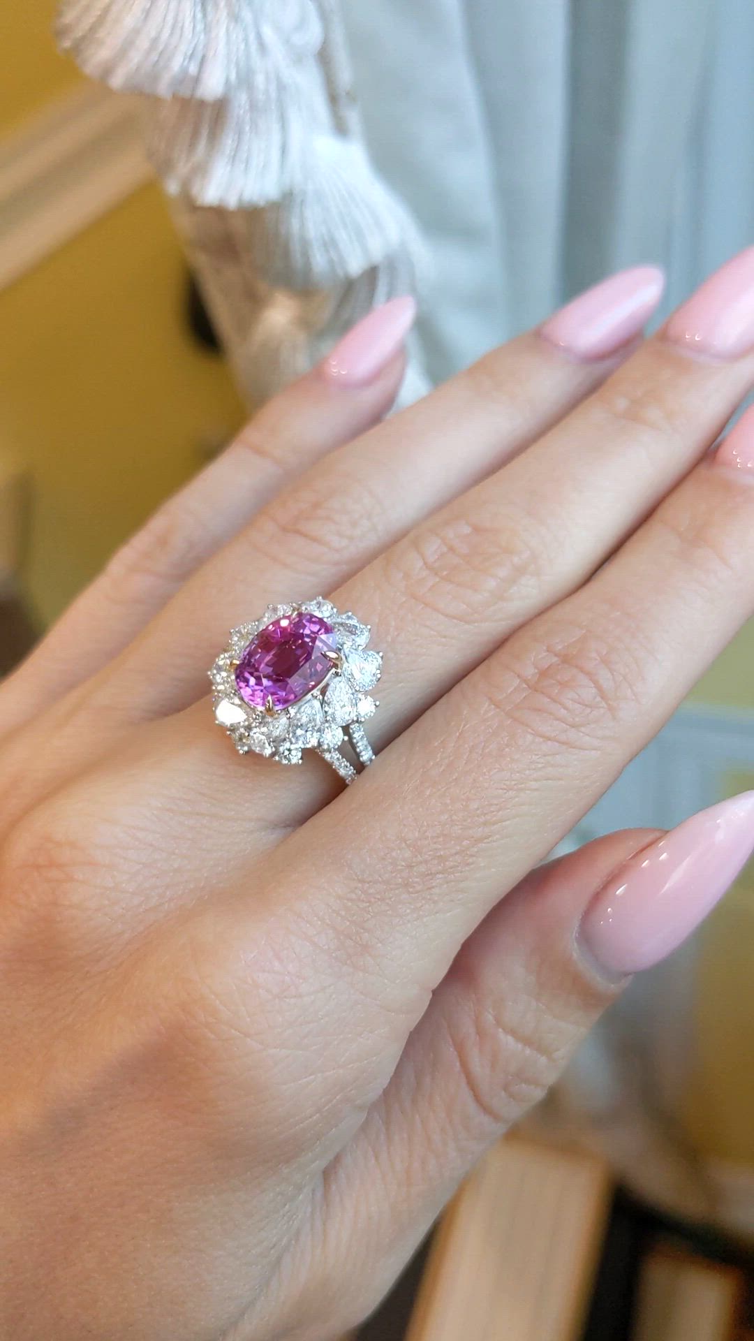 4.05 Ct. Purplish Pink Sapphire and Natural Diamond Pave Ring, 18K White & Yellow Size Video