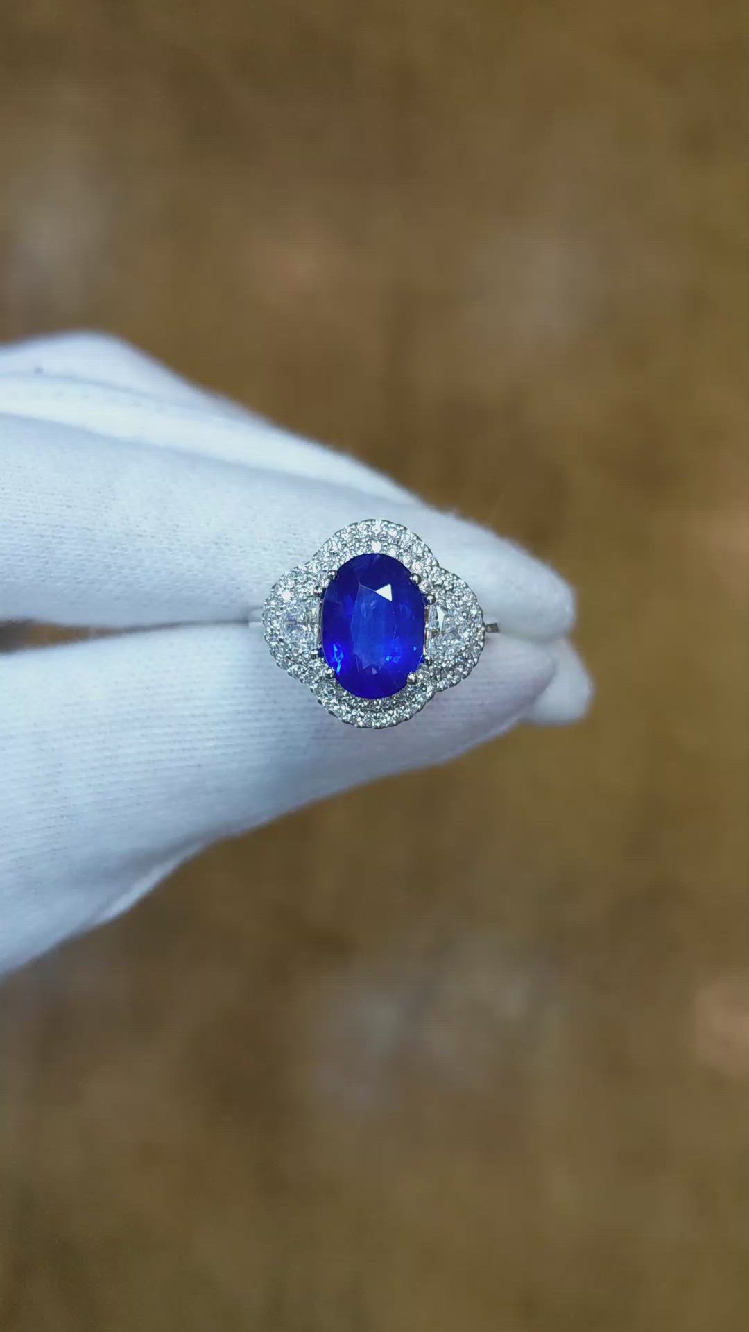 3.07 Ct. Blue Sapphire and Natural Diamond Three Stone Ring, 18K White Gold Size Video