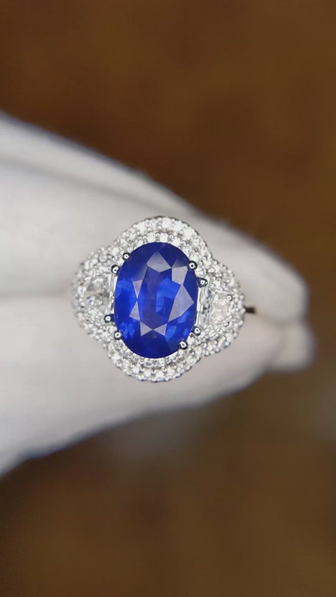 3.07 Ct. Blue Sapphire and Natural Diamond Three Stone Ring, 18K White Gold Size Video