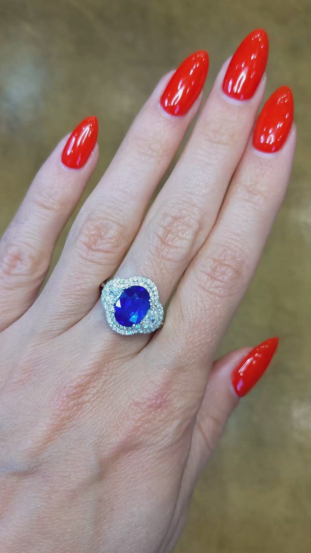 3.07 Ct. Blue Sapphire and Natural Diamond Three Stone Ring, 18K White Gold Size Video