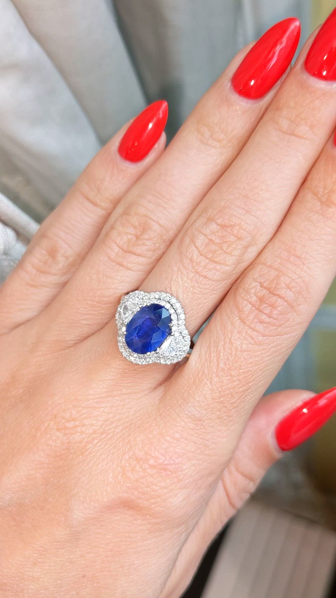3.07 Ct. Blue Sapphire and Natural Diamond Three Stone Ring, 18K White Gold Size Video