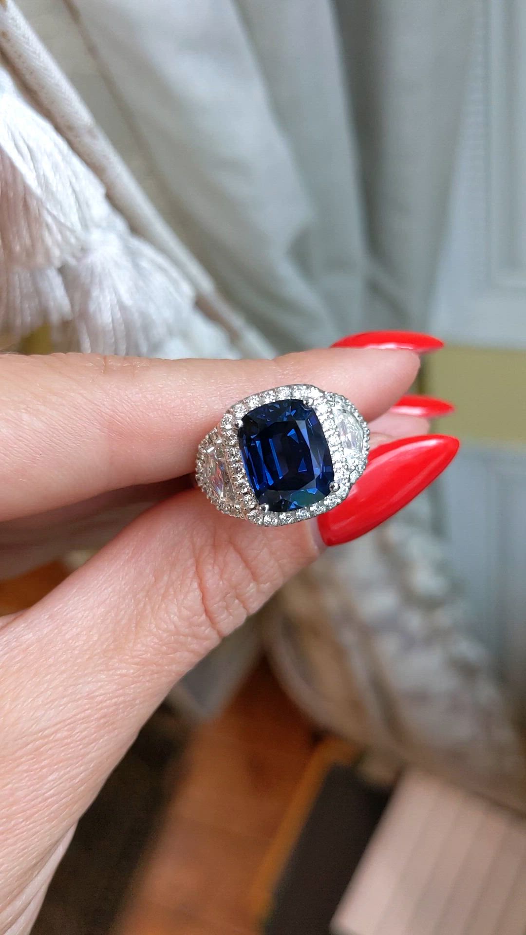 5.74 Ct. Blue Sapphire and Natural Diamond Three Stone Ring, Platinum 950 Size Video