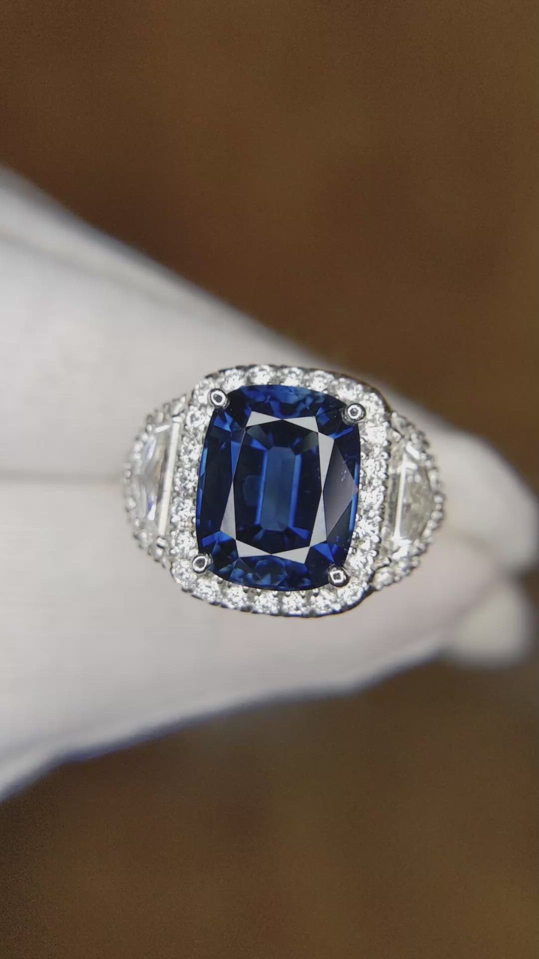 5.74 Ct. Blue Sapphire and Natural Diamond Three Stone Ring, Platinum 950 Size Video
