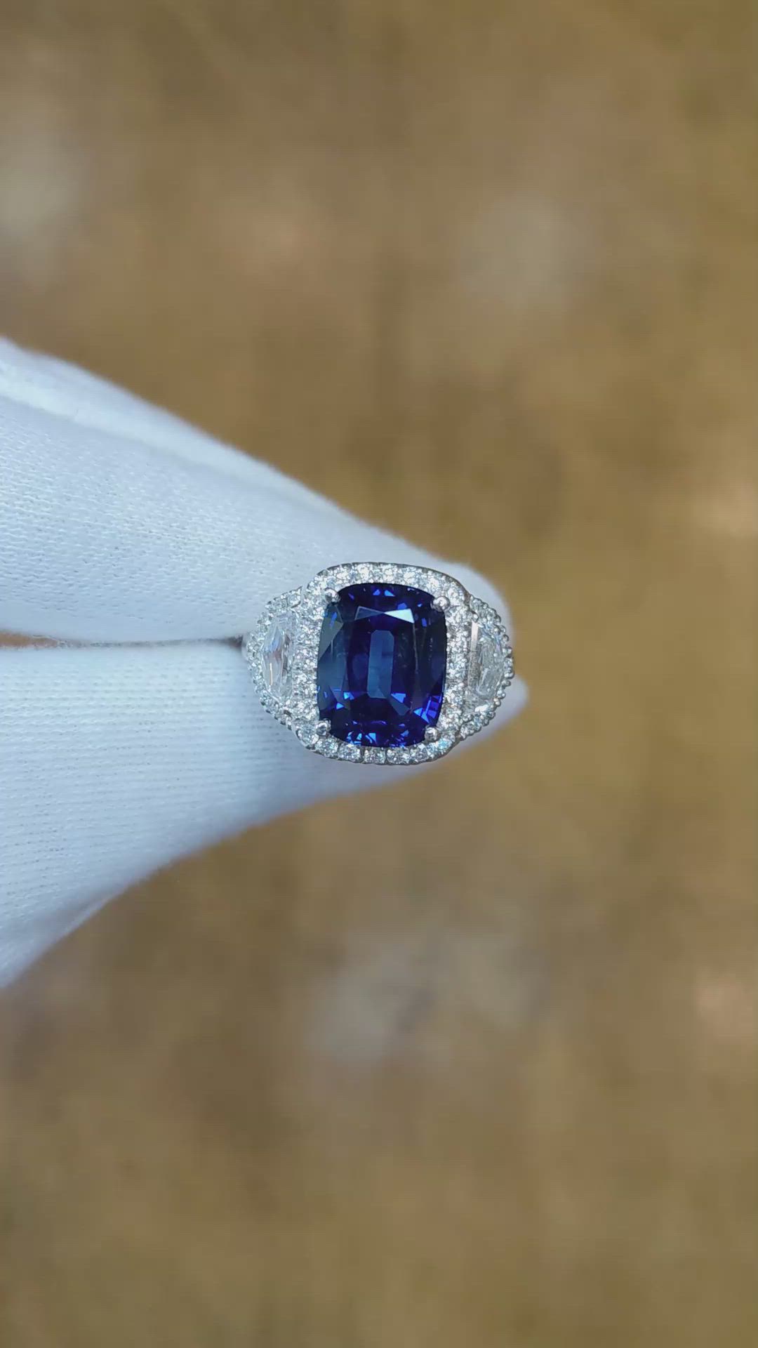 5.74 Ct. Blue Sapphire and Natural Diamond Three Stone Ring, Platinum 950 Size Video