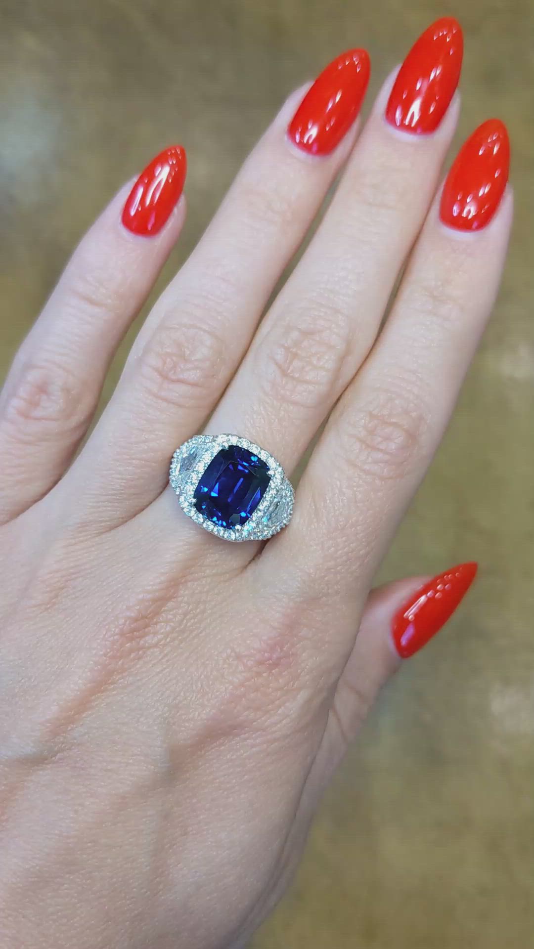 5.74 Ct. Blue Sapphire and Natural Diamond Three Stone Ring, Platinum 950 Size Video