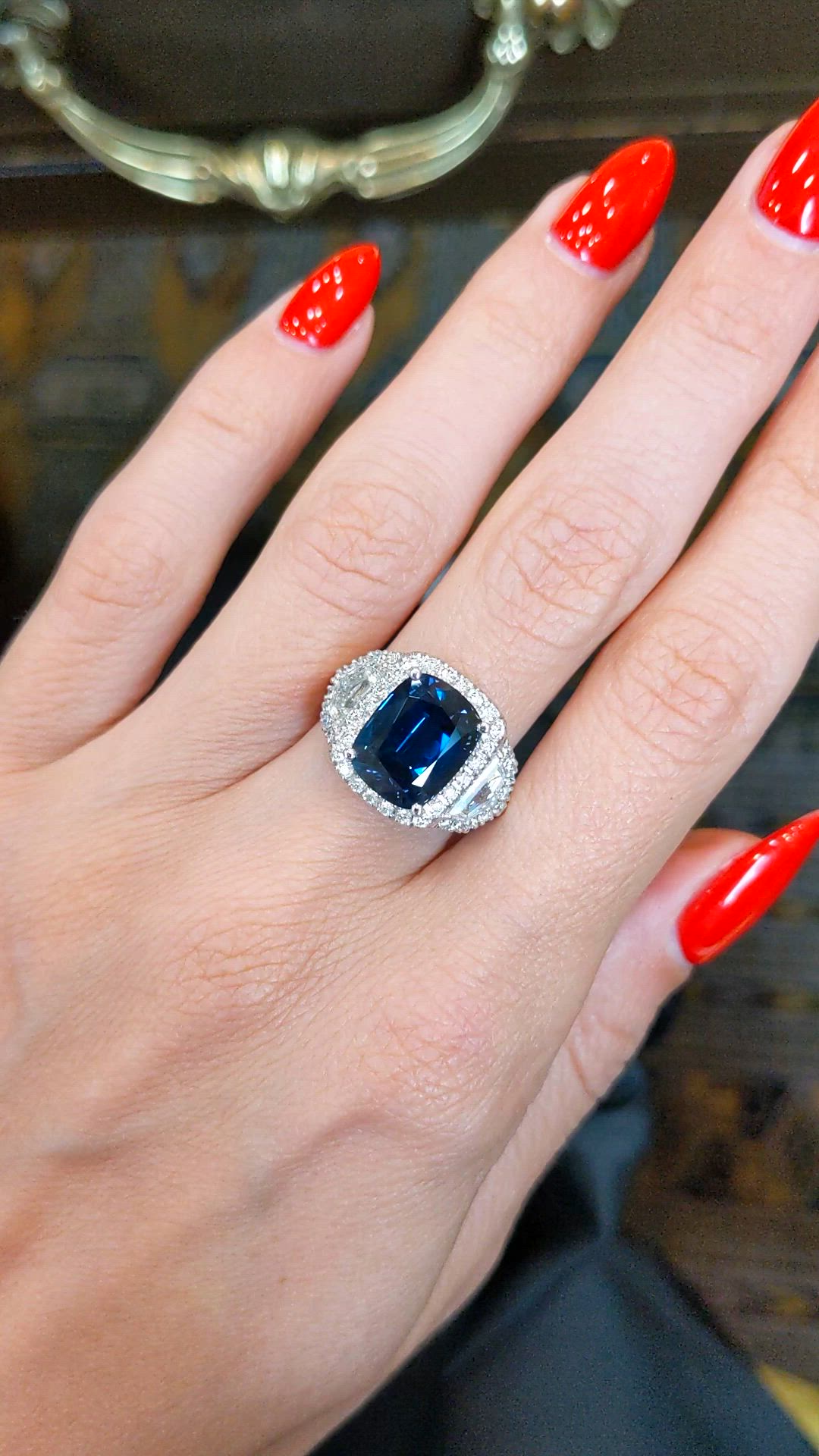 5.74 Ct. Blue Sapphire and Natural Diamond Three Stone Ring, Platinum 950 Size Video