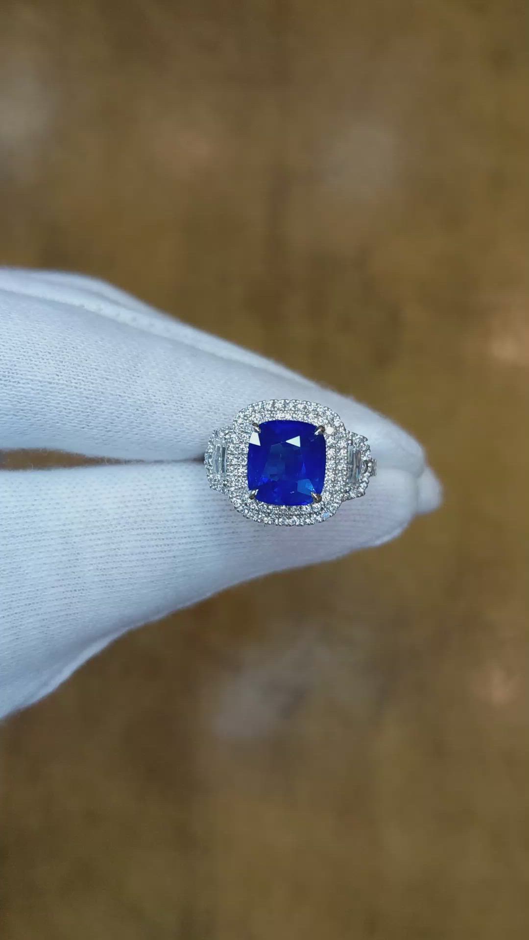 3.64 Ct. Blue Sapphire and Natural Diamond Three Stone Ring, 18K White Gold Size Video