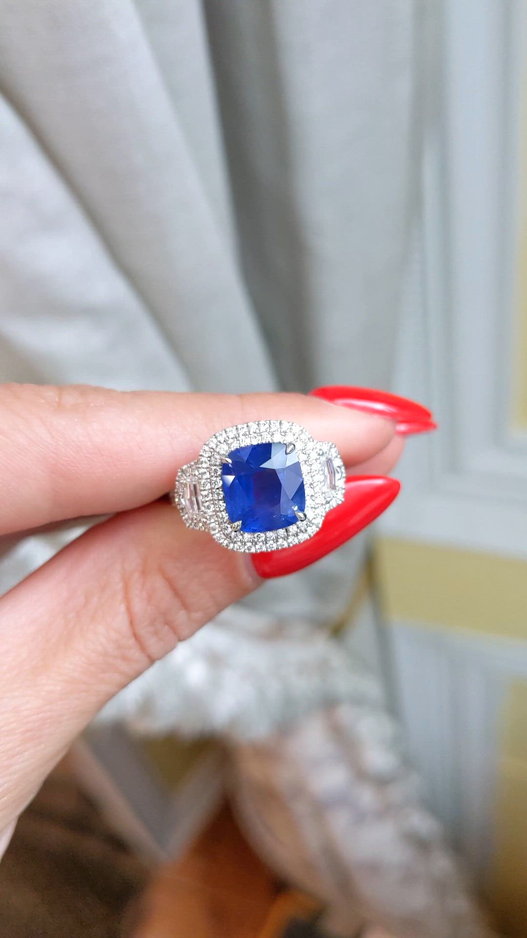 3.64 Ct. Blue Sapphire and Natural Diamond Three Stone Ring, 18K White Gold Size Video