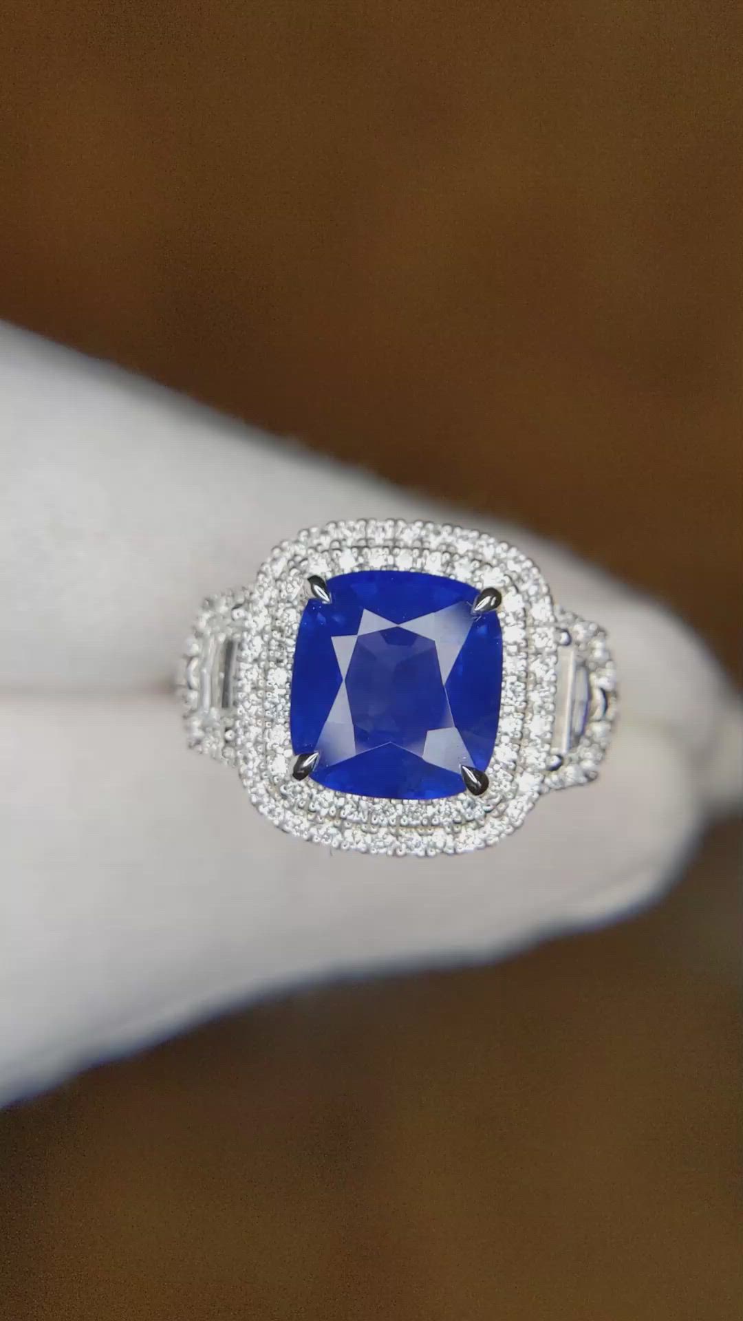 3.64 Ct. Blue Sapphire and Natural Diamond Three Stone Ring, 18K White Gold Size Video