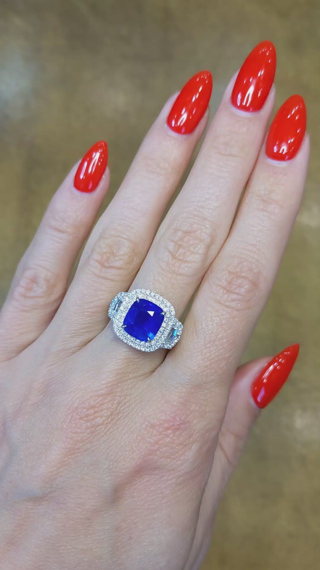 3.64 Ct. Blue Sapphire and Natural Diamond Three Stone Ring, 18K White Gold Size Video