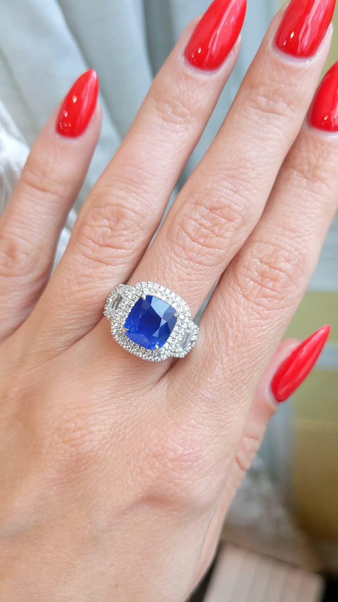 3.64 Ct. Blue Sapphire and Natural Diamond Three Stone Ring, 18K White Gold Size Video