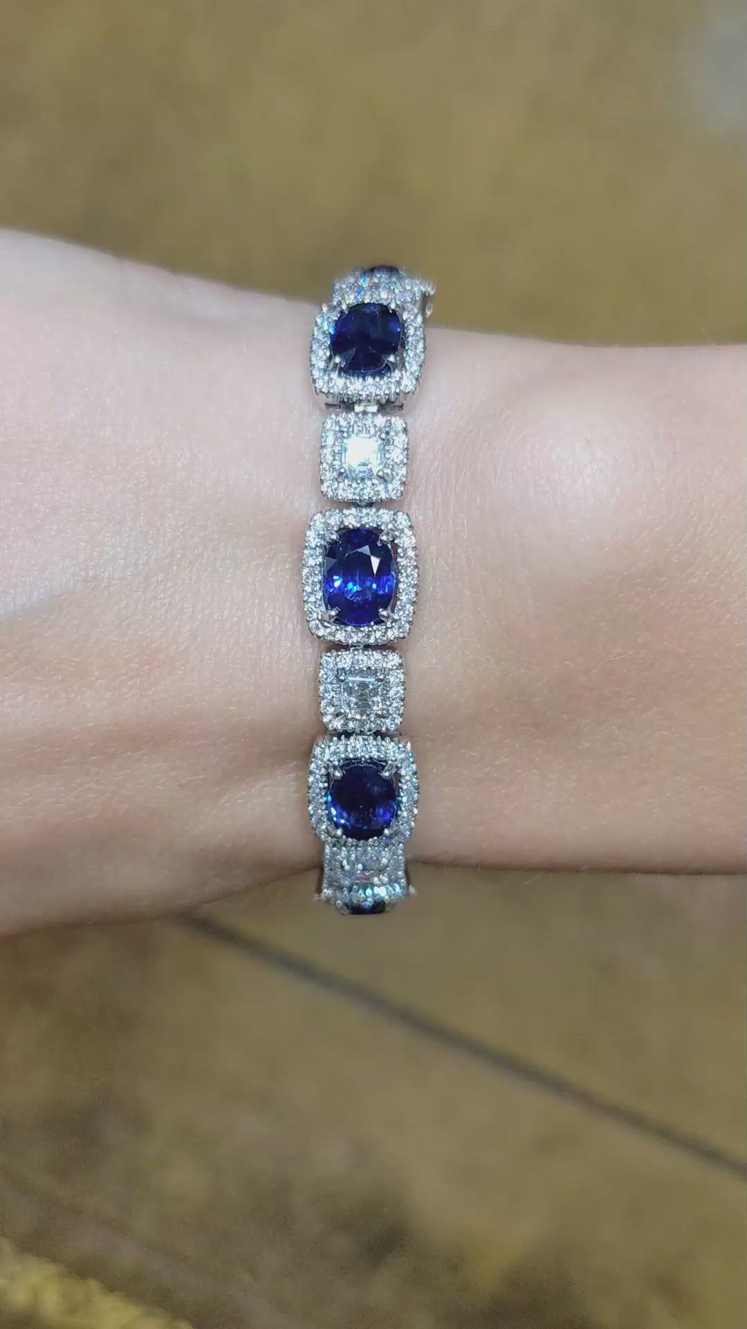 12.89 Ct.Tw. Blue Sapphire and Natural Diamond Pave Bracelet, 18K White Gold Size Video