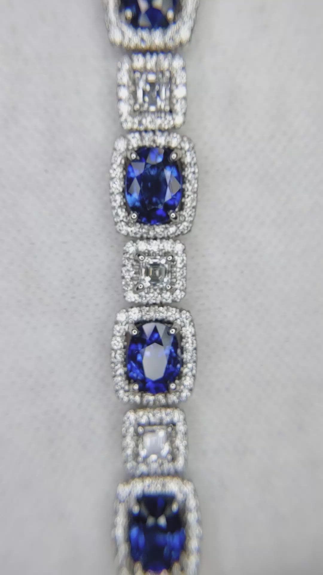 12.89 Ct.Tw. Blue Sapphire and Natural Diamond Pave Bracelet, 18K White Gold Size Video