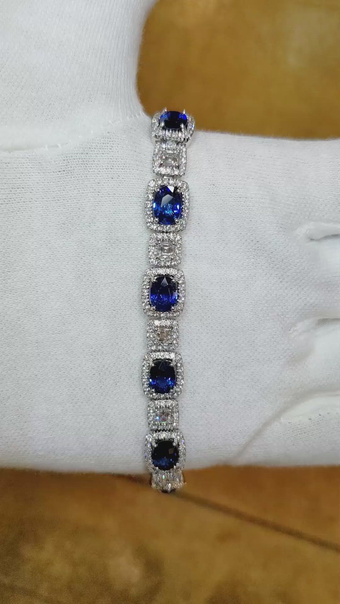 12.89 Ct.Tw. Blue Sapphire and Natural Diamond Pave Bracelet, 18K White Gold Size Video