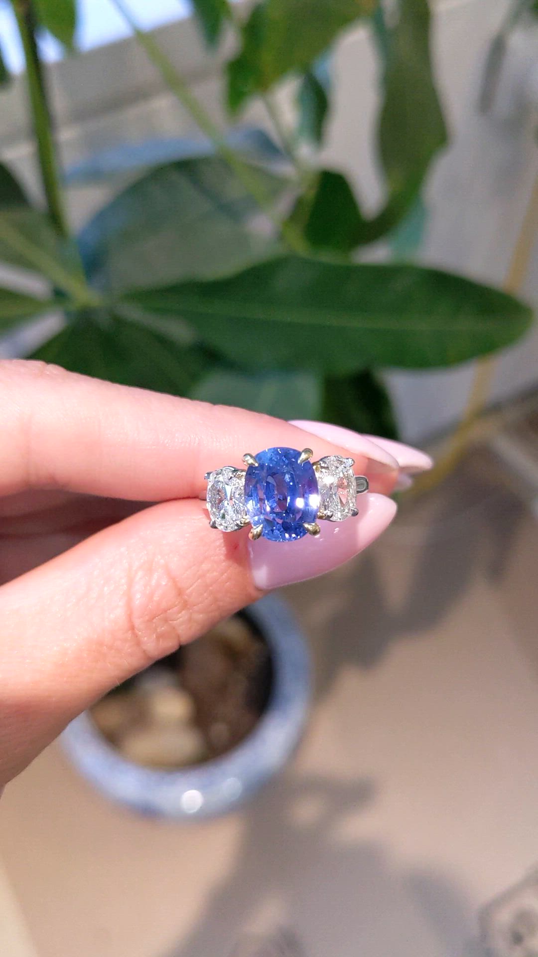 5.54 Ct. Blue Sapphire and Natural Diamond Three Stone Ring, Platinum & 18K Yellow Size Video