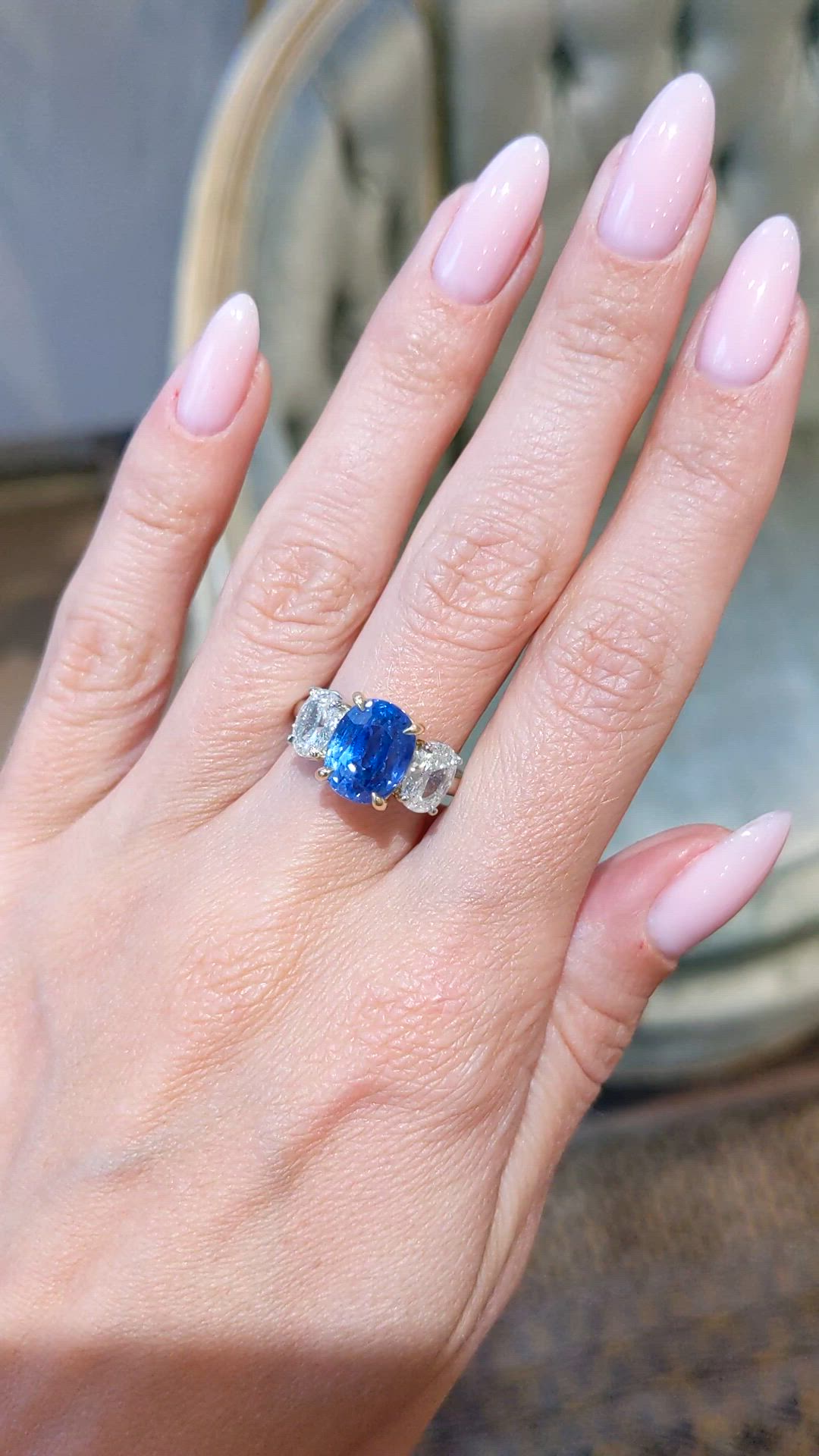 5.54 Ct. Blue Sapphire and Natural Diamond Three Stone Ring, Platinum & 18K Yellow Size Video