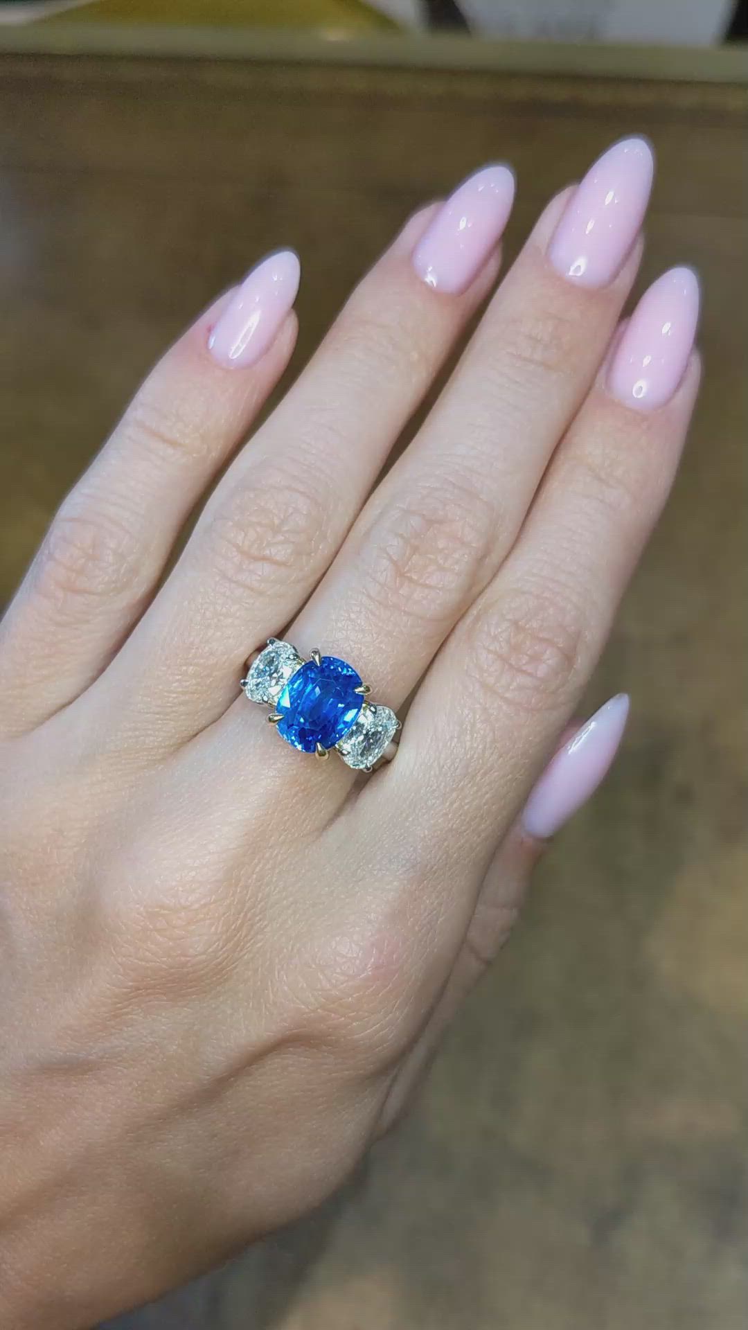 5.54 Ct. Blue Sapphire and Natural Diamond Three Stone Ring, Platinum & 18K Yellow Size Video