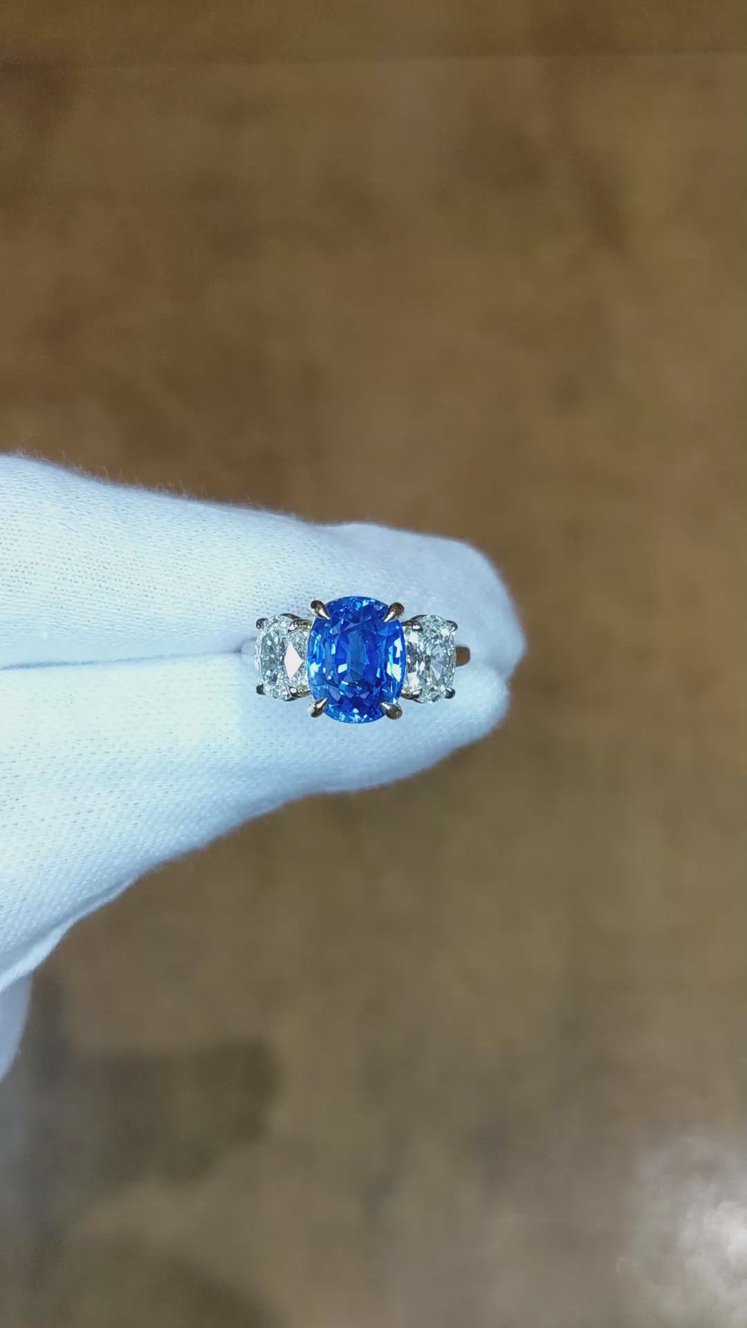 5.54 Ct. Blue Sapphire and Natural Diamond Three Stone Ring, Platinum & 18K Yellow Size Video