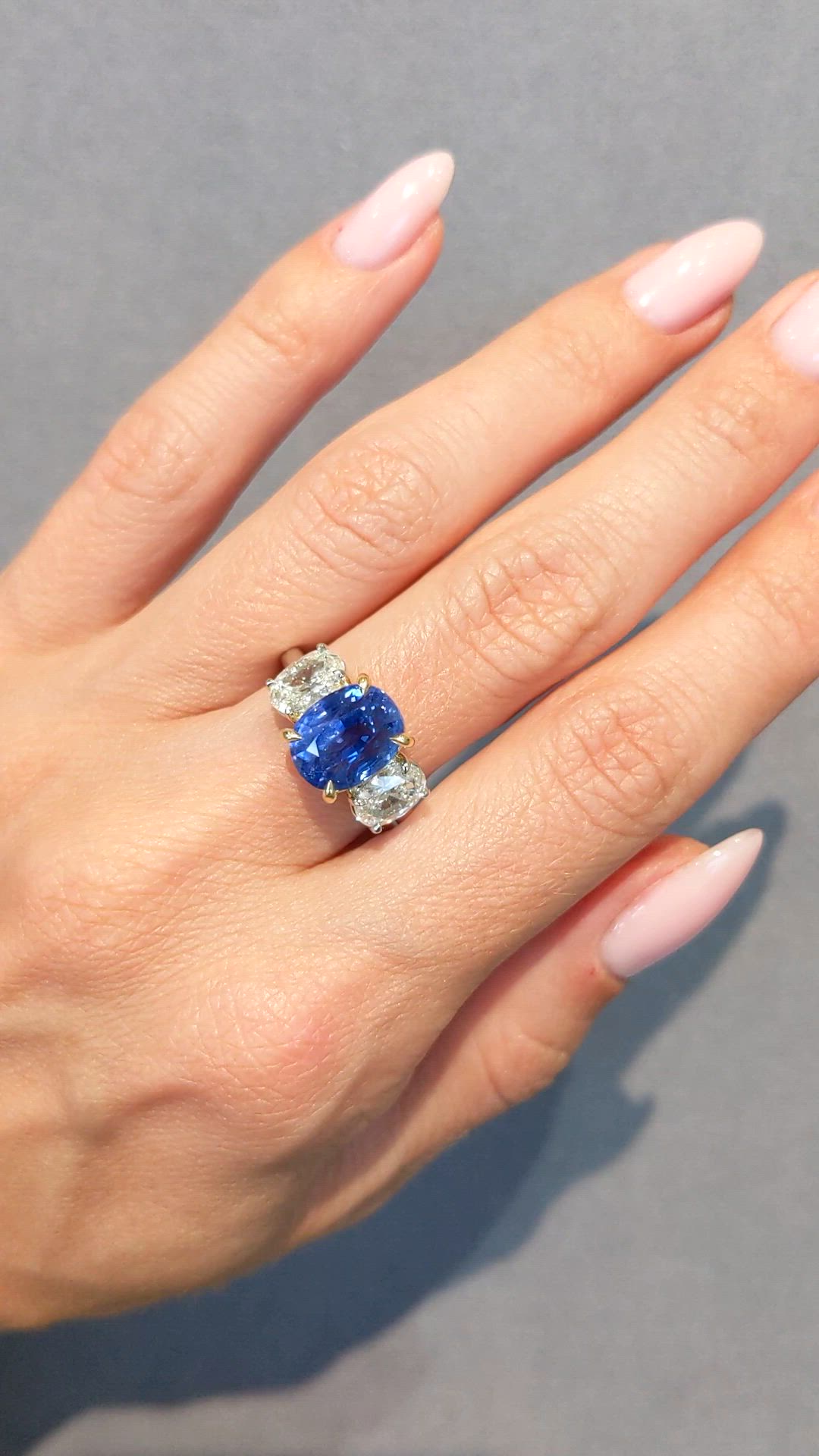 5.54 Ct. Blue Sapphire and Natural Diamond Three Stone Ring, Platinum & 18K Yellow Size Video