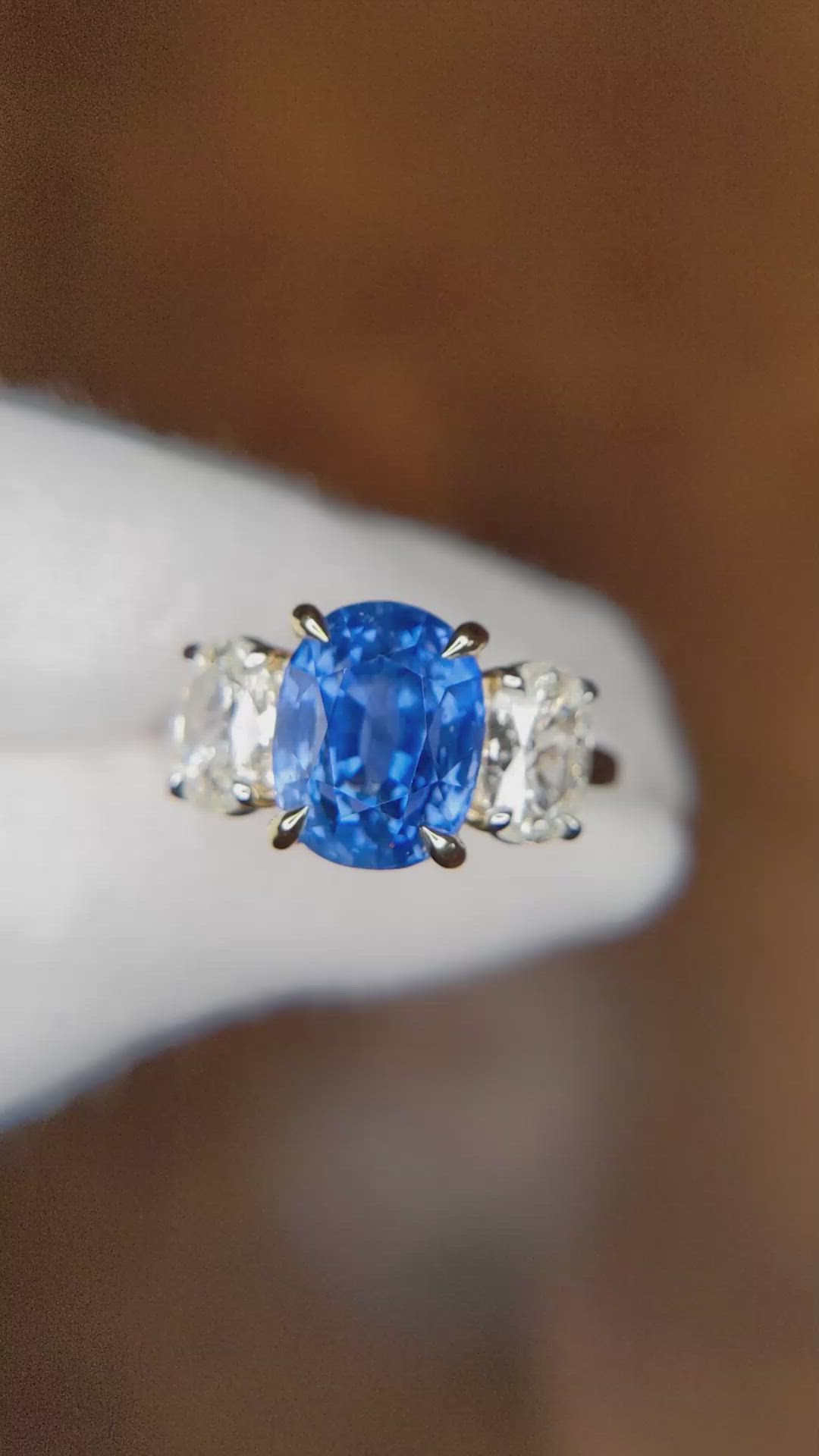 5.54 Ct. Blue Sapphire and Natural Diamond Three Stone Ring, Platinum & 18K Yellow Size Video