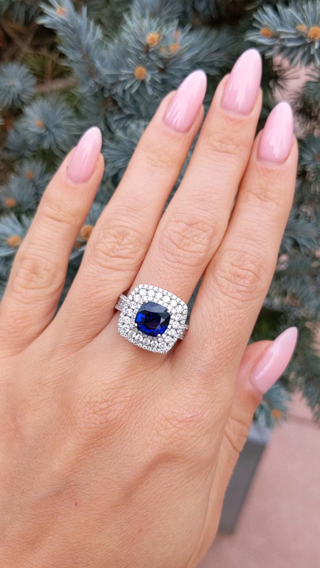 2.59 Ct. Blue Sapphire and Natural Diamond Pave Ring, 18K White Gold Size Video