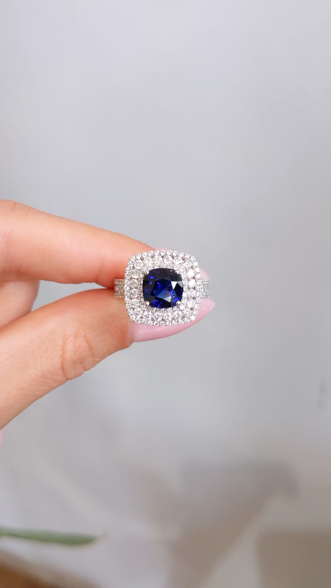 2.59 Ct. Blue Sapphire and Natural Diamond Pave Ring, 18K White Gold Size Video