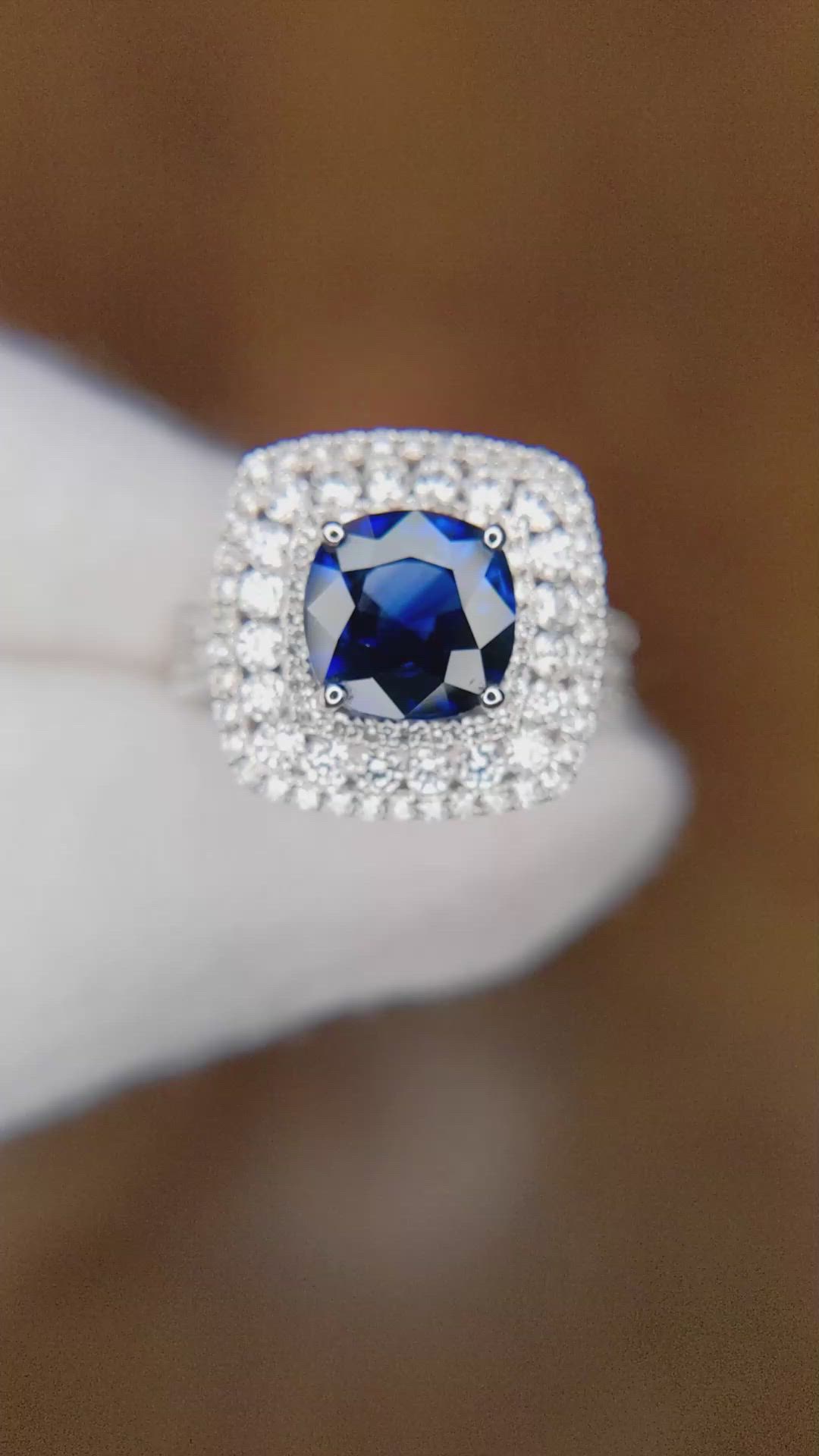 2.59 Ct. Blue Sapphire and Natural Diamond Pave Ring, 18K White Gold Size Video