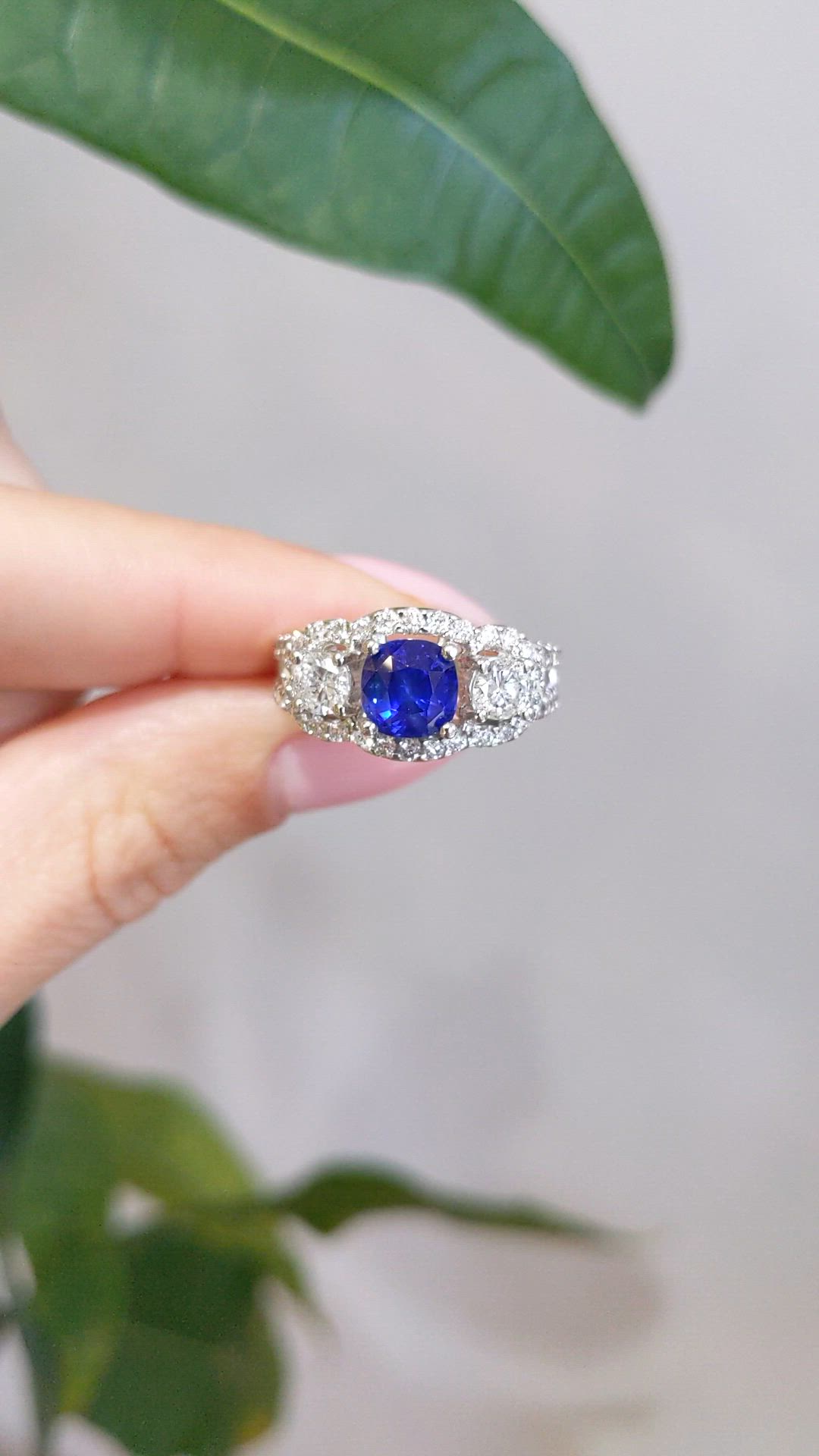 1.83 Ct. Blue Sapphire and Natural Diamond Three Stone Ring, 14K White Gold Size Video