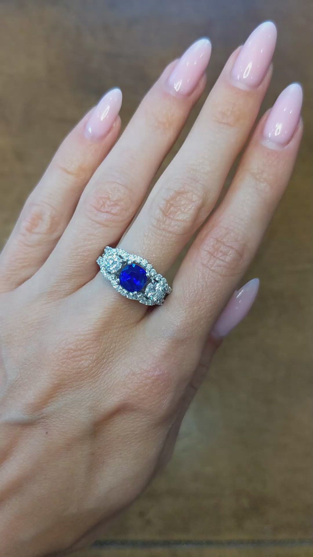 1.83 Ct. Blue Sapphire and Natural Diamond Three Stone Ring, 14K White Gold Size Video