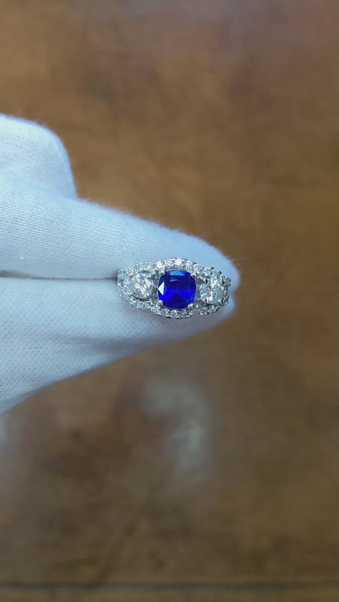 1.83 Ct. Blue Sapphire and Natural Diamond Three Stone Ring, 14K White Gold Size Video