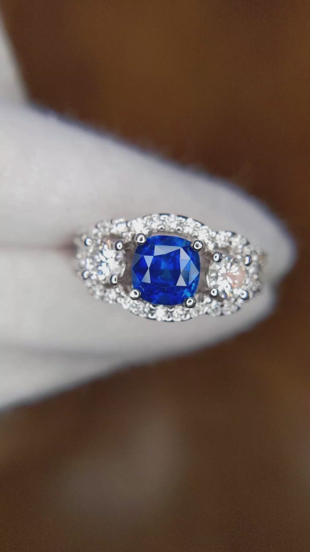 1.83 Ct. Blue Sapphire and Natural Diamond Three Stone Ring, 14K White Gold Size Video
