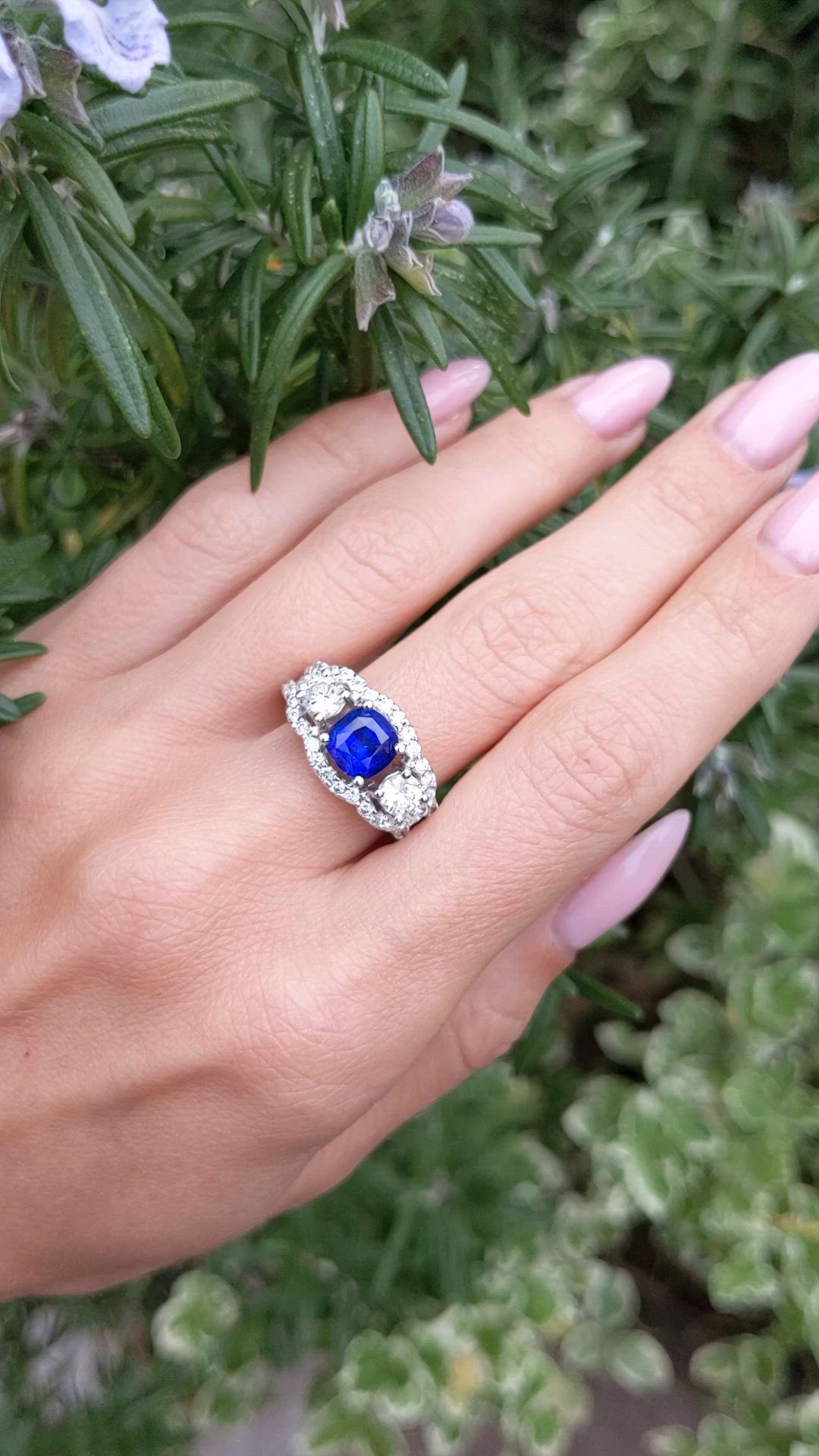 1.83 Ct. Blue Sapphire and Natural Diamond Three Stone Ring, 14K White Gold Size Video