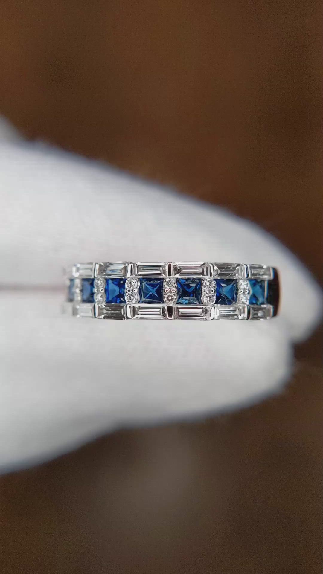 0.55 Ct. Blue Sapphire and Natural Diamond Pave Ring, 18K White Gold Size Video