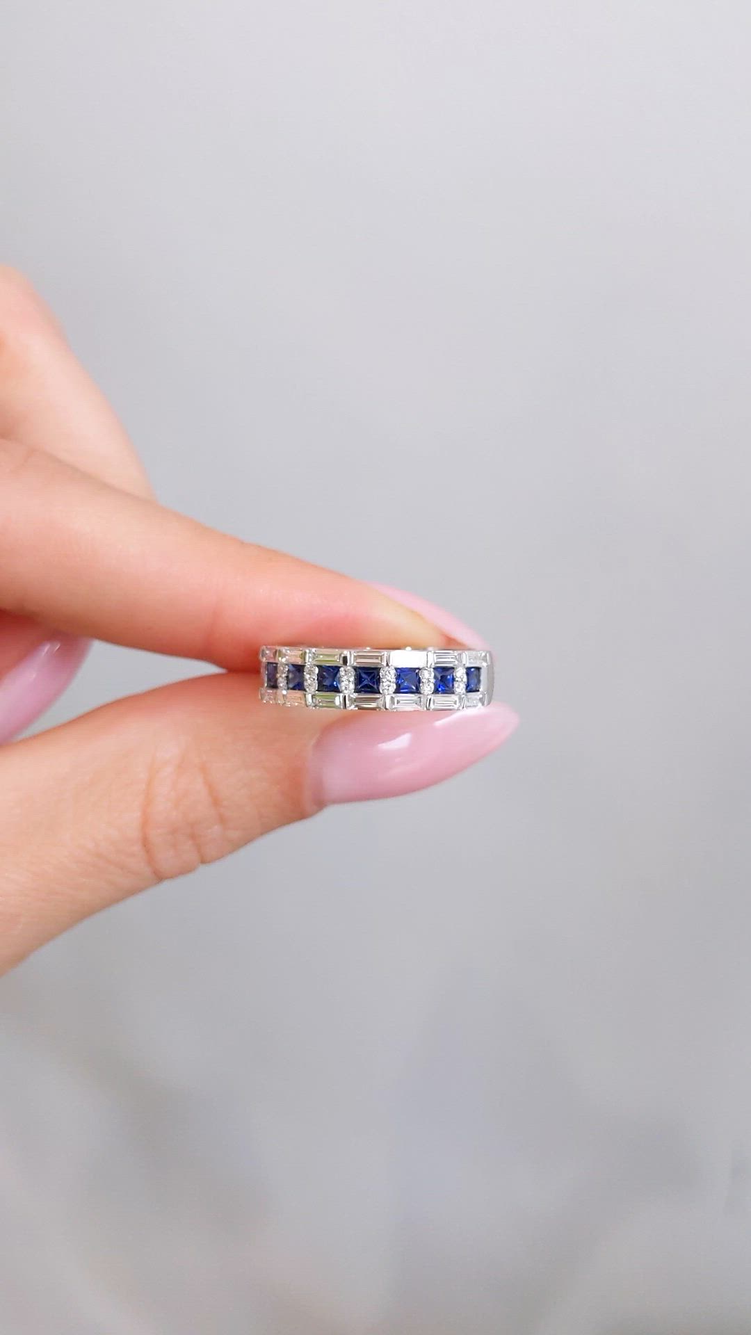 0.55 Ct. Blue Sapphire and Natural Diamond Pave Ring, 18K White Gold Size Video