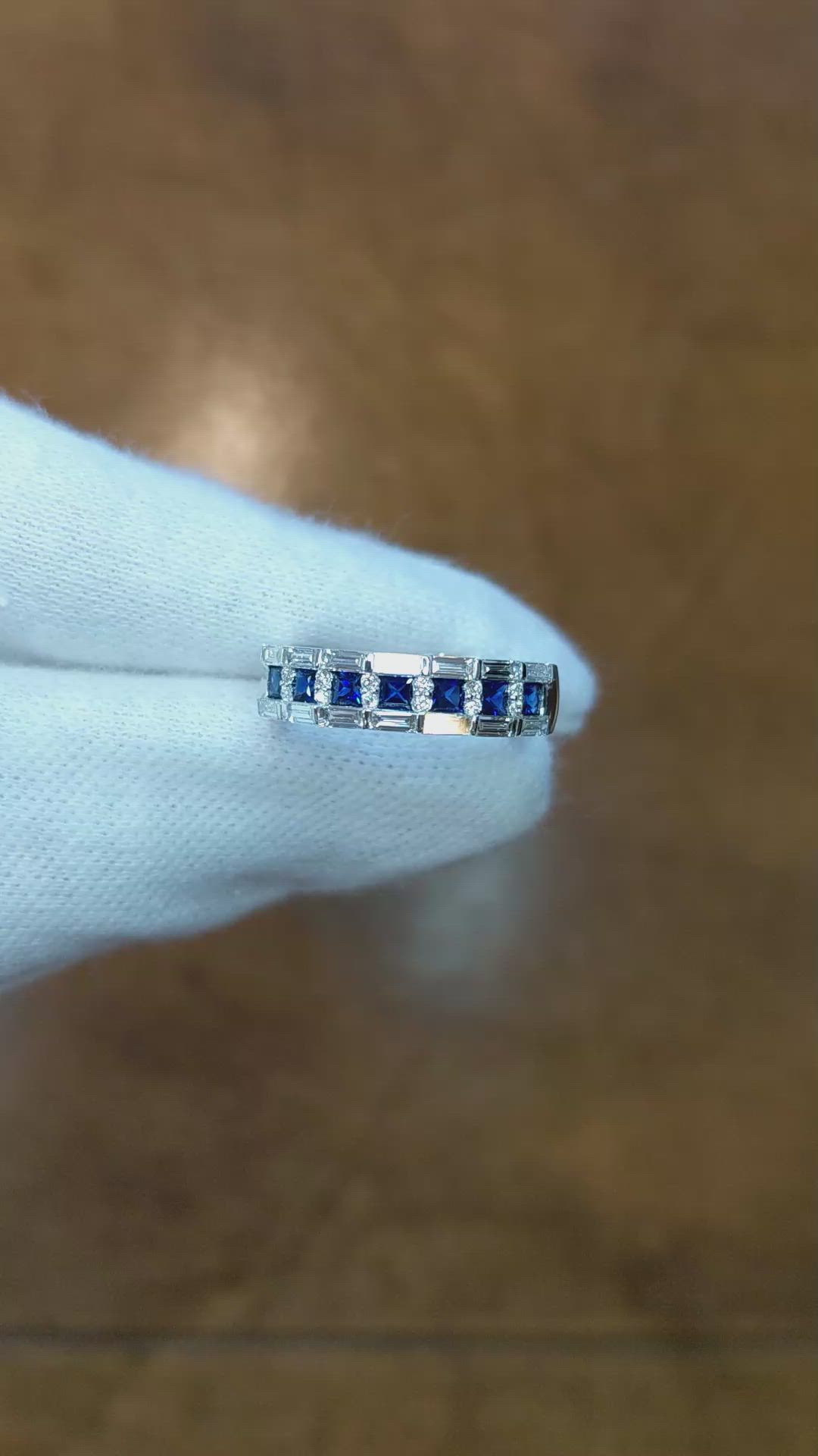 0.55 Ct. Blue Sapphire and Natural Diamond Pave Ring, 18K White Gold Size Video