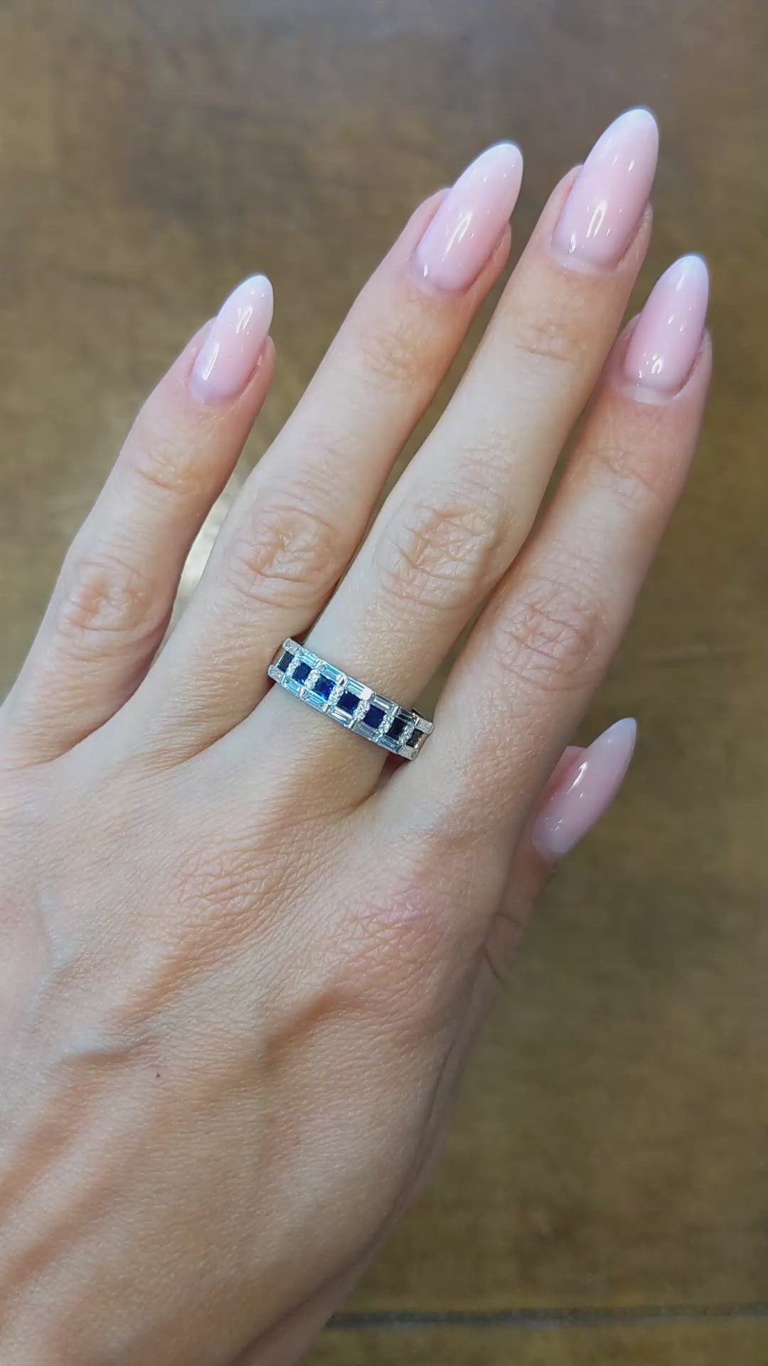 0.55 Ct. Blue Sapphire and Natural Diamond Pave Ring, 18K White Gold Size Video