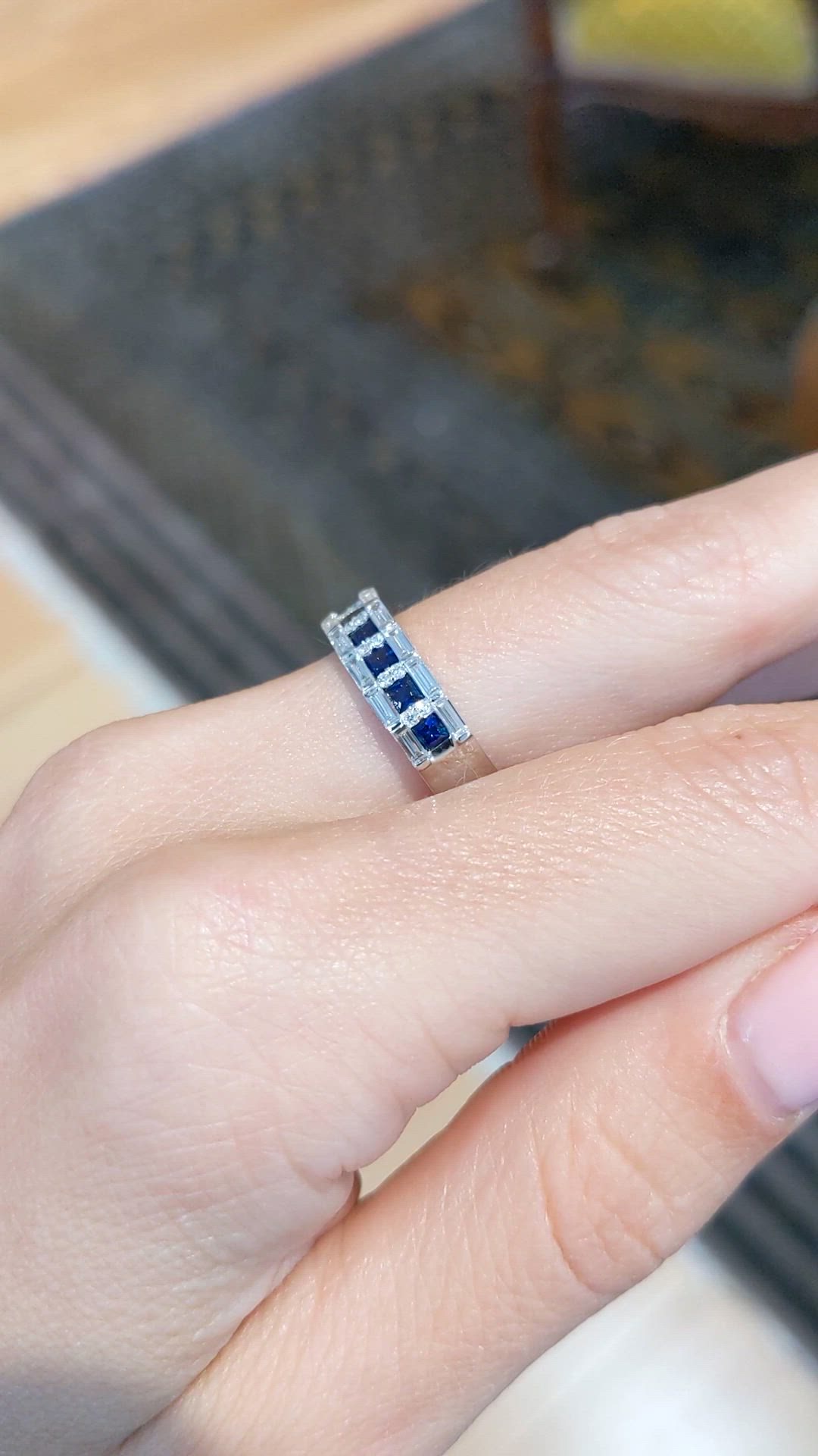 0.55 Ct. Blue Sapphire and Natural Diamond Pave Ring, 18K White Gold Size Video
